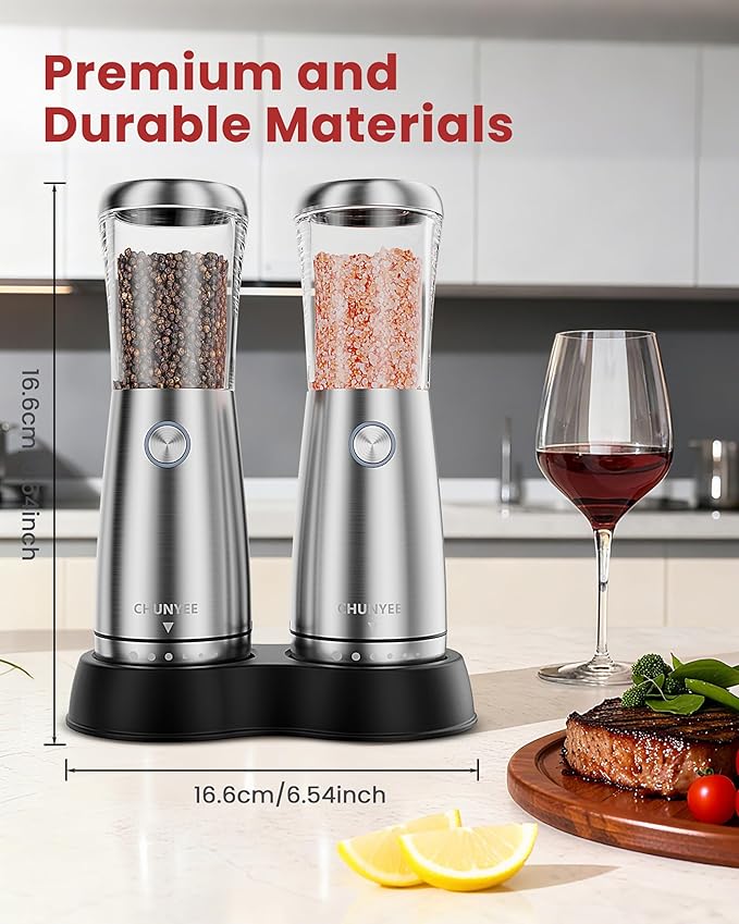 Electric Salt and Pepper Grinder Set - Automatic Stainless Steel Rechargeable Salt and Pepper Grinder Set with Storage Base, Large Capacity, LED Light & Adjustable Coarseness, Ideal Kitchen Gadget