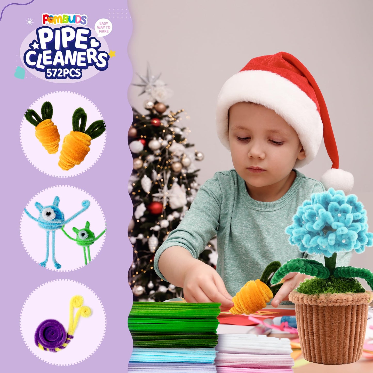 POMBUDS 572 PCS Pipe Cleaners Flower Kit, 13 Colors Chenille Stems with Floral Wires, Stamen, Tapes, Dot Glue, Instruction & White Box โ DIY Craft Set for Handmade Bouquets