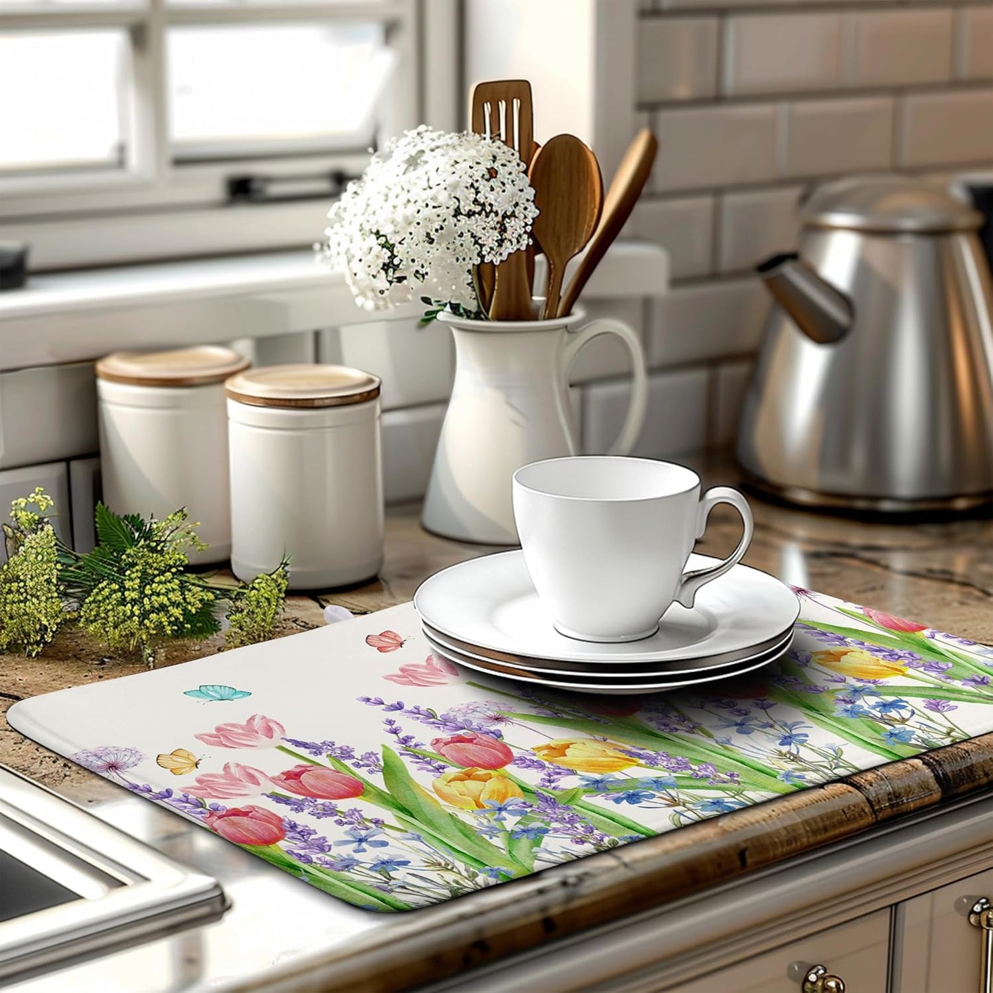 Spring Floral Dish Drying Mat for Kitchen Counter Tulip Lavender Flower Dishes Pad Absorbent Microfiber Dish Draining Mat Washable Dish Drainer Rack Mats Extra Large 18"x24"