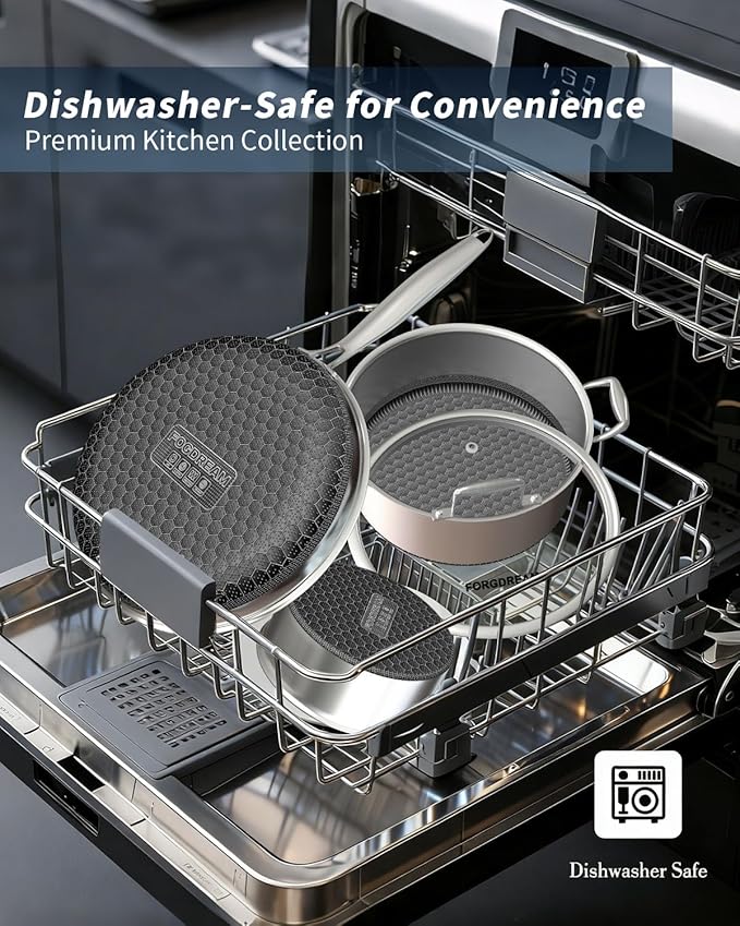 FogDream 5 Pcs Stainless Steel Cookware Set, 9.5in Non Stick Frying Pan, 5-Quart Soup Pot & 2.3-Quart Sauce Pan with 2 Lids, Stay-Cool Handles, Dishwasher & Oven-Safe, Induction Compatible, Silver