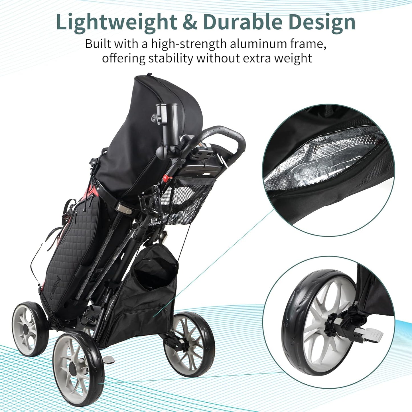 CaddyTek 4 Wheel Golf Push Cart - Caddycruiser One Version 8 1-Click Folding Trolley - Lightweight, Compact Pull Caddy Cart, Easy to Open
