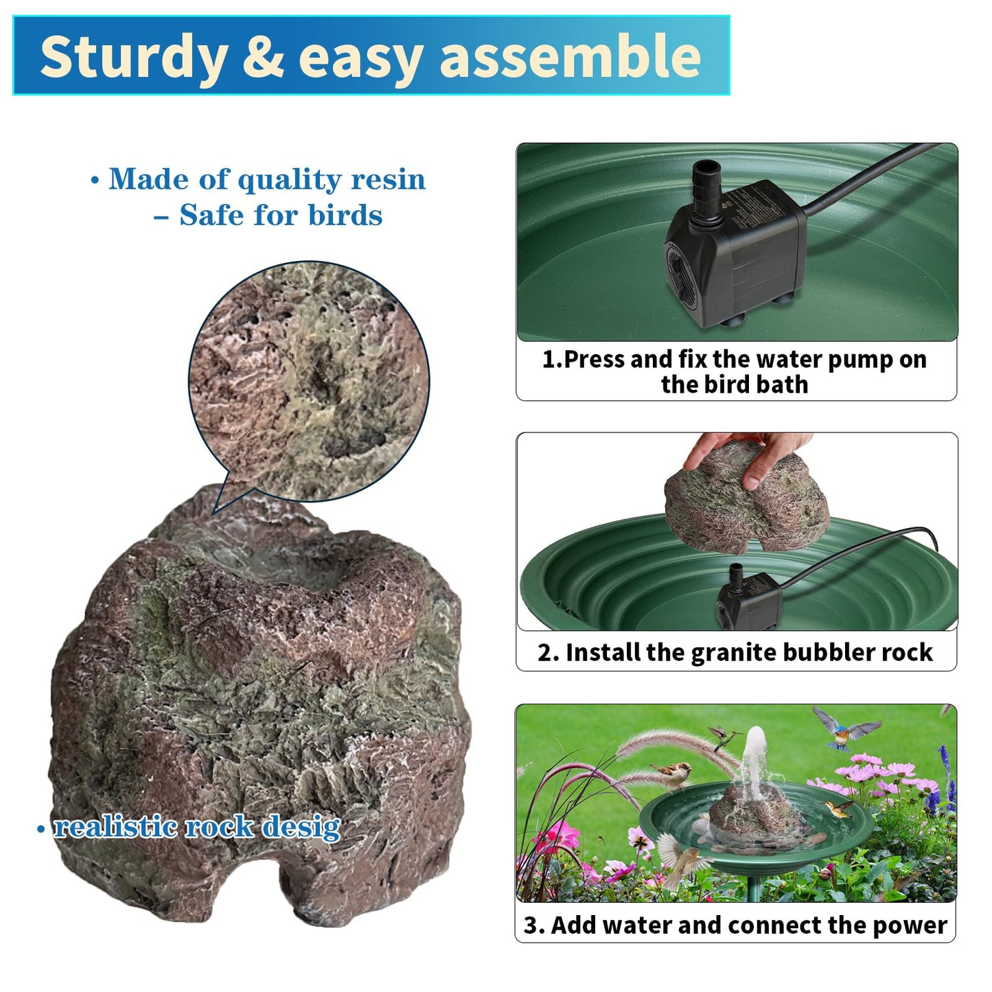 TIANCENTRAL H Electric Bird Bath Fountain Pump with Natural Rock Design, Continuous Water Bubbler (Not Solar) 7.5W Adjustable Submersible Pump with 6FT Anti-Bite Cord for Outdoor Garden & Patio Decor