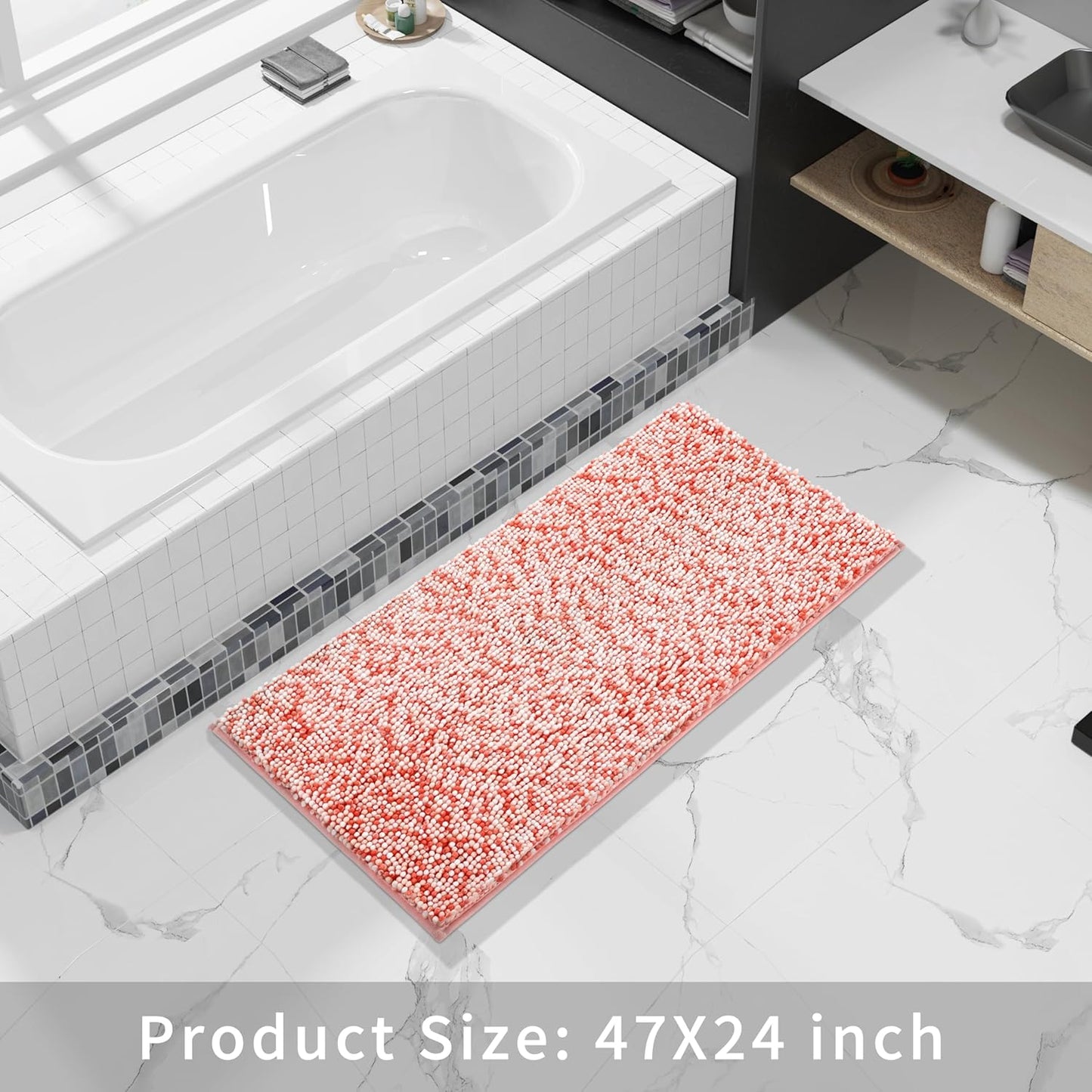 Yimobra Luxury Bathroom Rugs, 47x24, Extra Soft Chenille Mats for Bathroom Non Slip, Fluffy Long Matts for Tub, Plush Shaggy Carpet Runner, Water Absorbent, Machine Washable, Orange & Pink