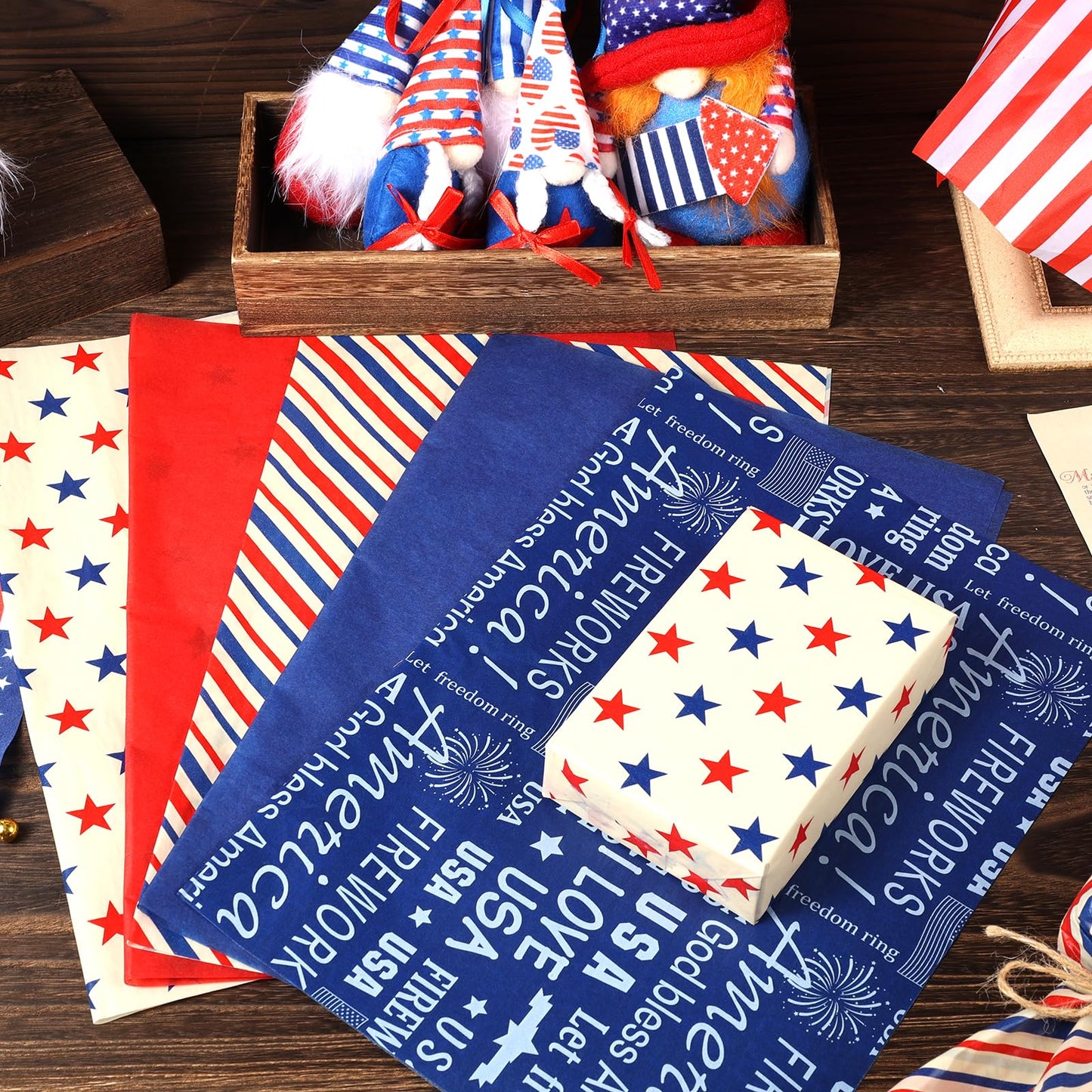 100 Sheet Retro Patriotic Tissue Paper, 5 Styles Stars Stripes Patterns Patriotic Art Tissue Paper for Veterans Day DIY Crafts 4th of July American National Day Party Supplies, 13.8 x 19.7‘’