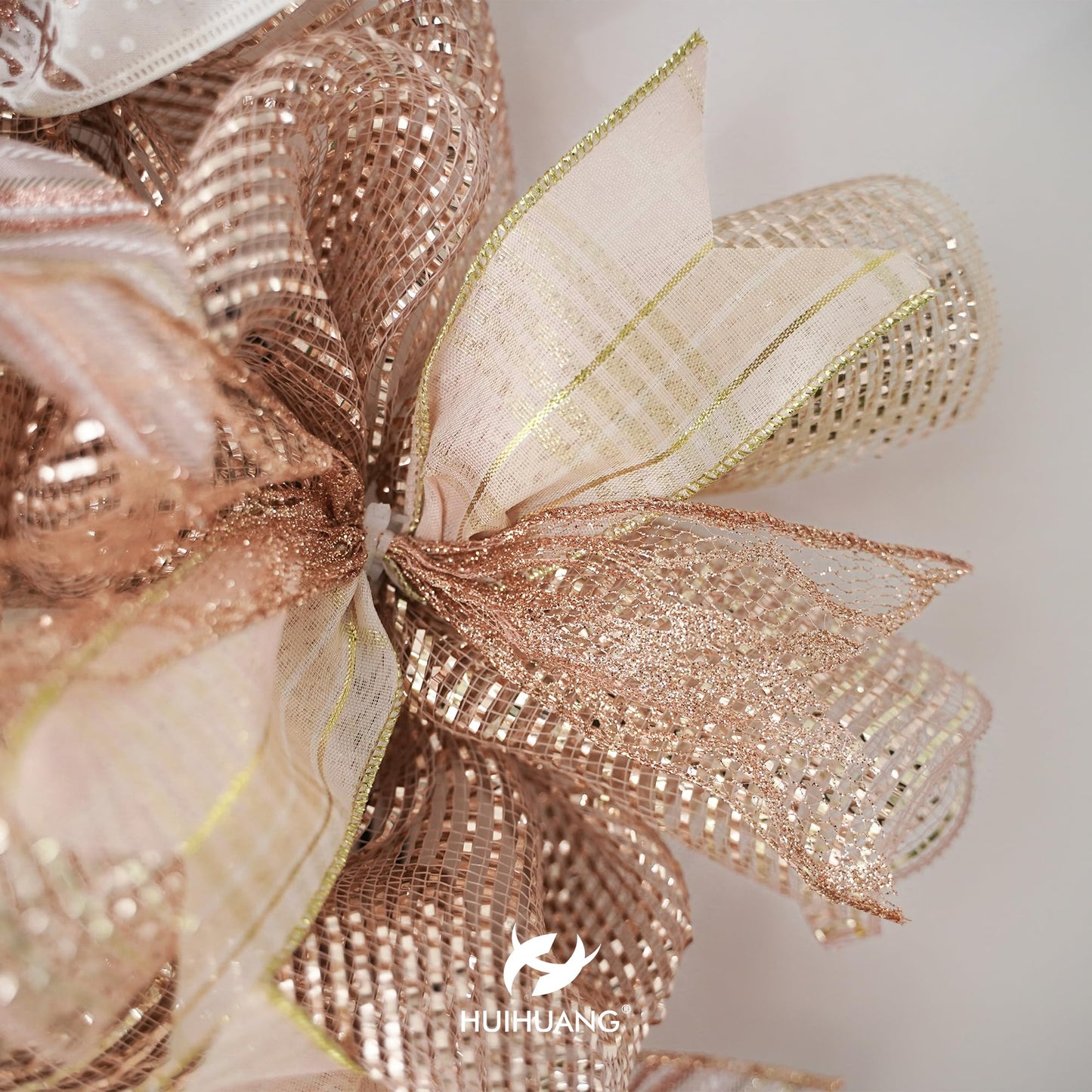 HUIHUANG Rose Gold Deco Mesh 10 inch Rolls, Decorative Mesh Ribbon with Gold Wide Foil for Christmas Wreaths Supplies, Swags, Christmas Tree Decoration, Wedding, Garland and Bows