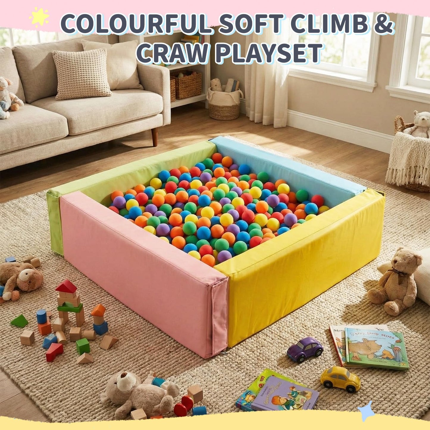 Arrowbash 43.3" x 11.8" PU Leather Baby Foam Soft Playpen Ball Pool, Soft Rectangle Climbing Blocks Play Pit for Kids Indoor Outdoor Large Game, Ball Toddlers Game Activity Pit, Balls Not Included
