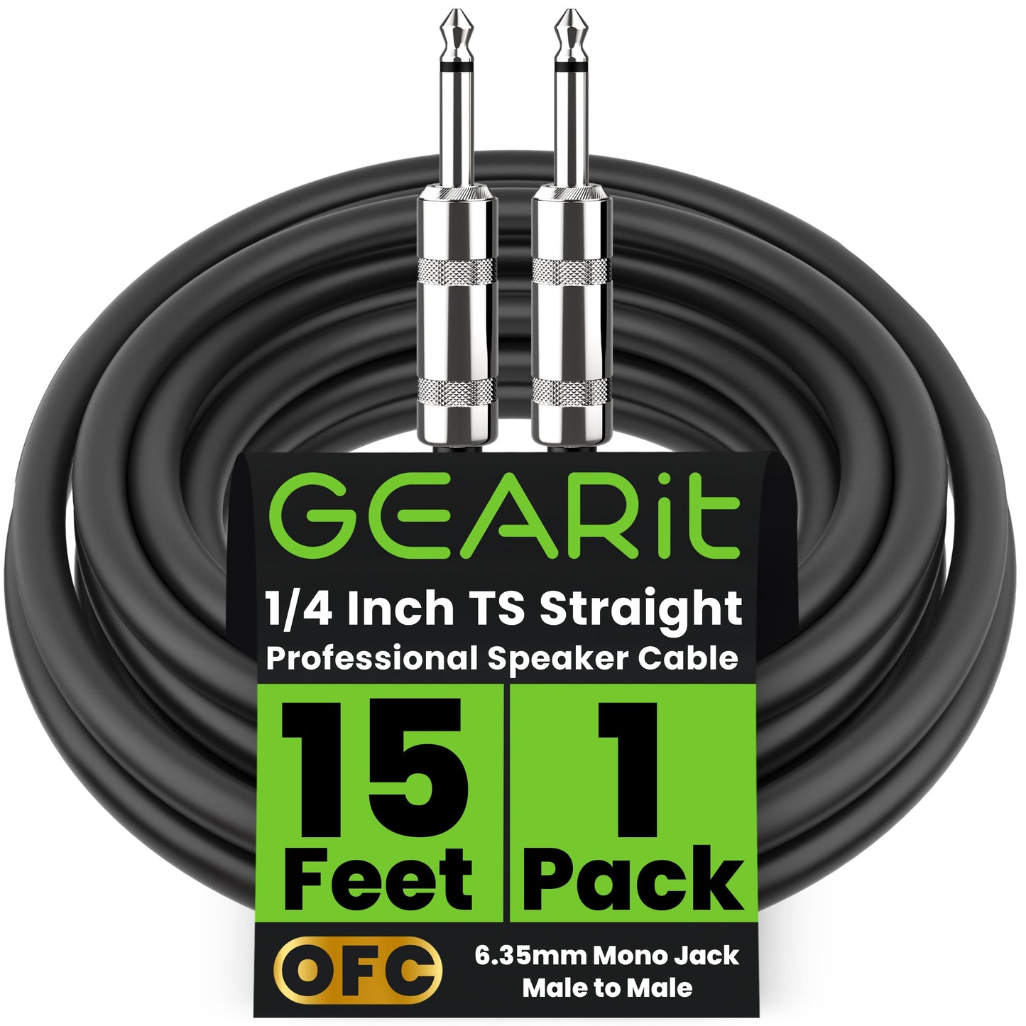 GEARit Professional Speaker Cable (15ft) 12AWG Pure Copper 1/4 inch to 1/4 inch TS Straight Male to Male for Amplifier, Speaker