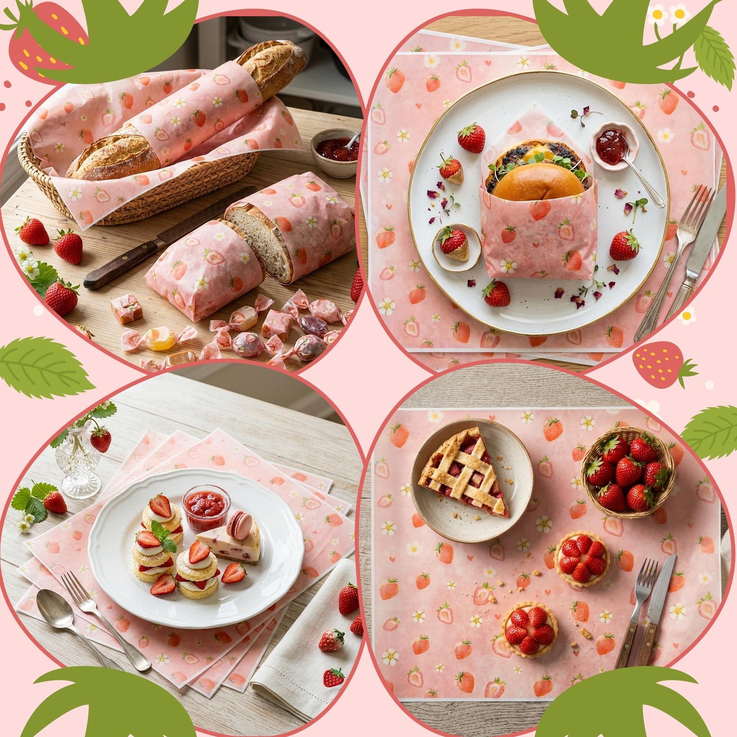 GROBRO7 Strawberry Wax Paper Sheet - 150Pcs Summer Fruit Themed Food Deli Papers with Flower, 9.8 x 8.3in Greaseproof Waterproof Disposable Pink Wrap for Sandwich Picnic Basket Liner Party Supplies