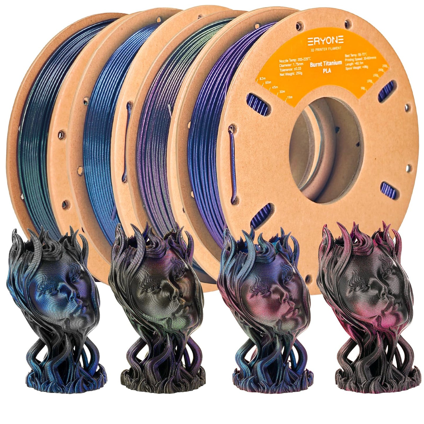 ERYONE Glitter PLA Filament Bundle, 1.75mm +/-0.03, Burnt Titanium Rainbow 3D Printer Filament 0.25kg/Spools, 4 Packs(2.2lbs), N