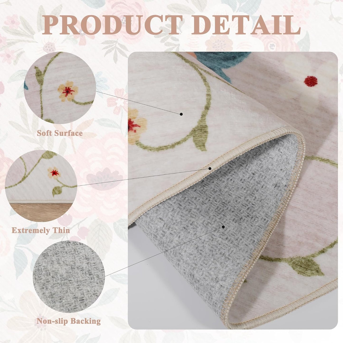 DUKINO 3x4 Area Rug, Lightweight Non Slip Washable Floral Rug, Indoor Low Pile & Non-Shedding Boho Design Carpets for Bedroom, Kitchen, Dining Room, Beige