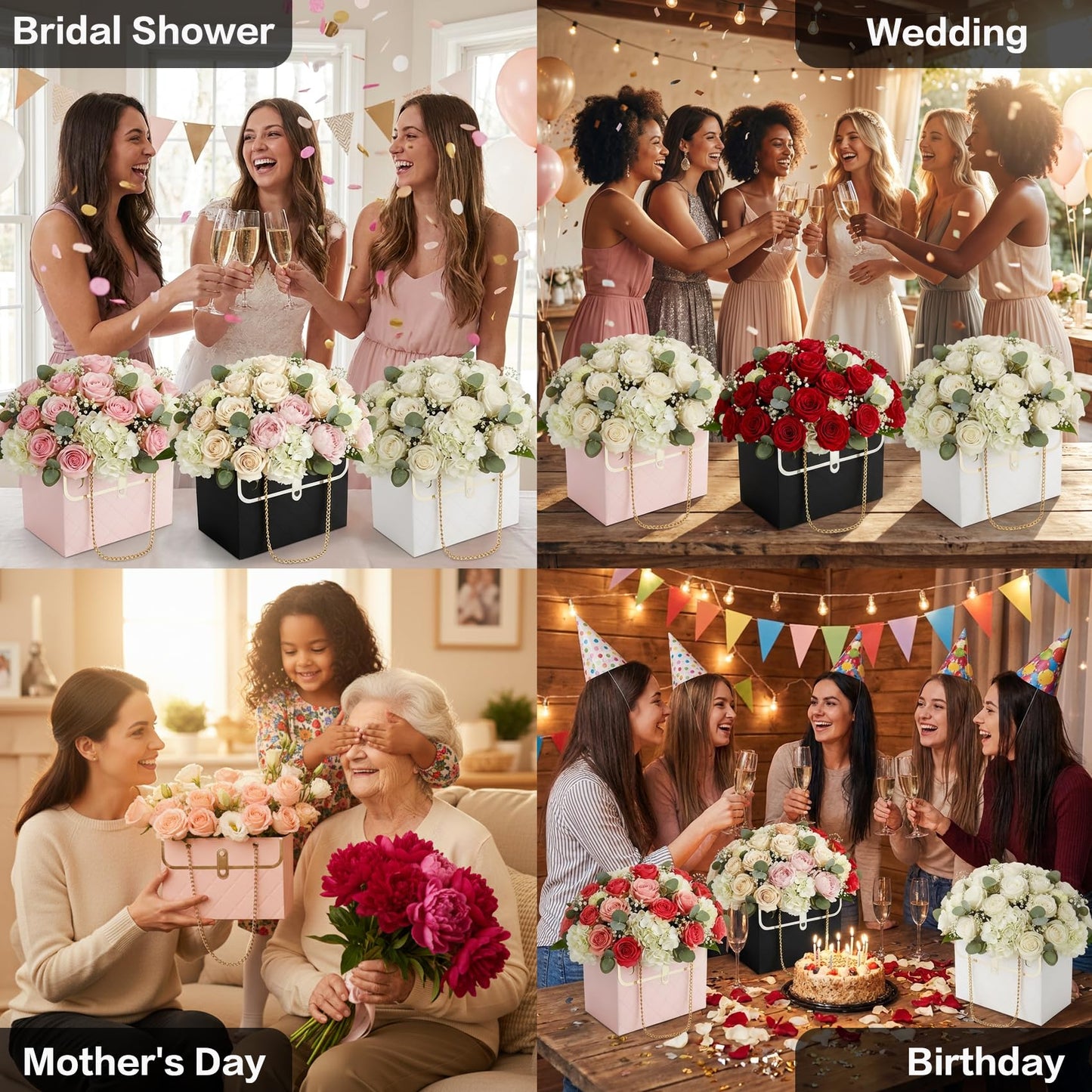 12 Pack Flower Paper Gift Bag, Bouquet Storage Bucket Box Paper Flower Handbag Box with Metal Chain Rectangle Mother's Day Flower Bags for Bouquets Wedding Flower Graduation Supplies, Black White Pink