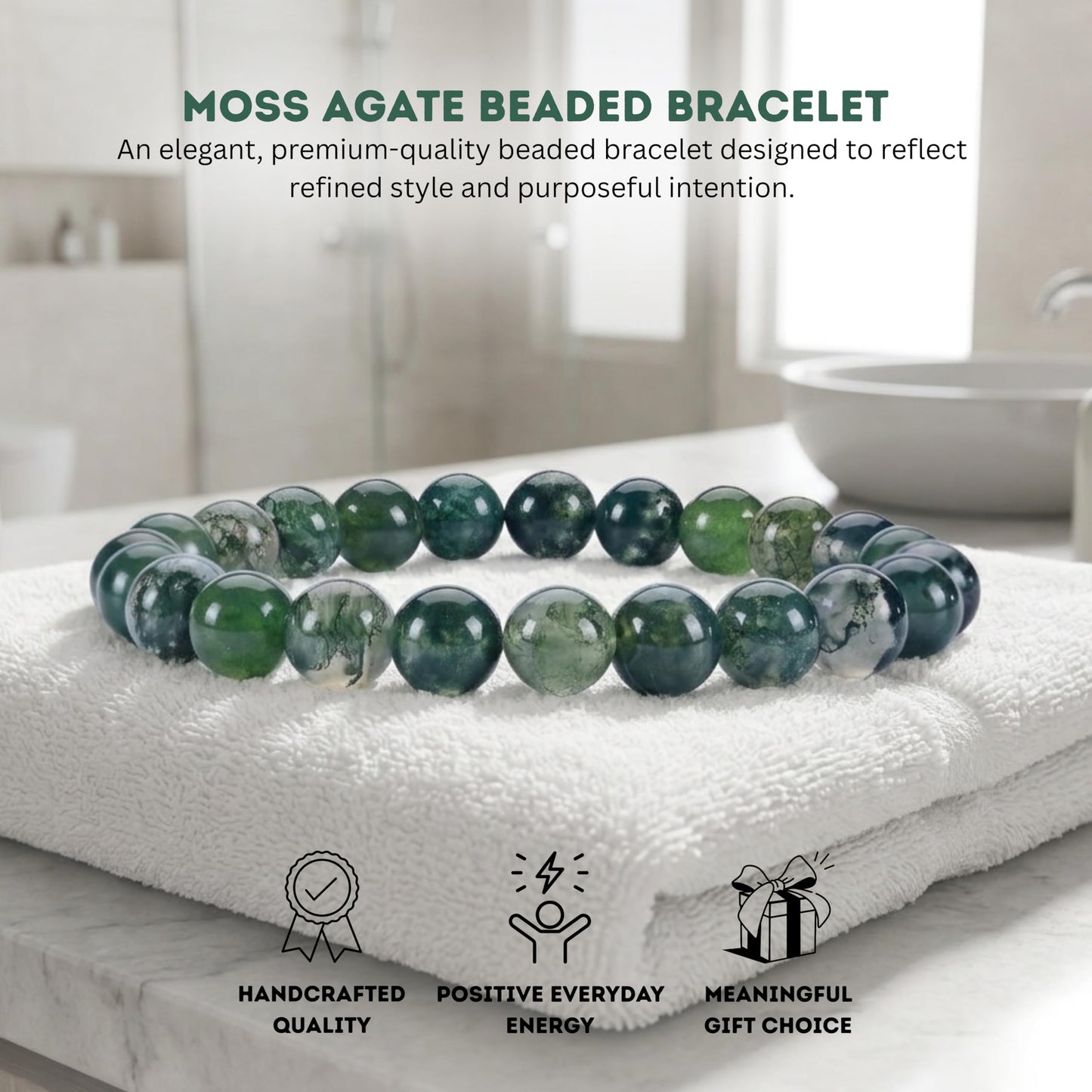 Cherry Tree Collection Moss Agate Beaded Bracelet – Genuine 8mm Gemstone Stretch Bracelet for Men & Women – Handmade Crystal Bracelet - (Moss Agate - M)