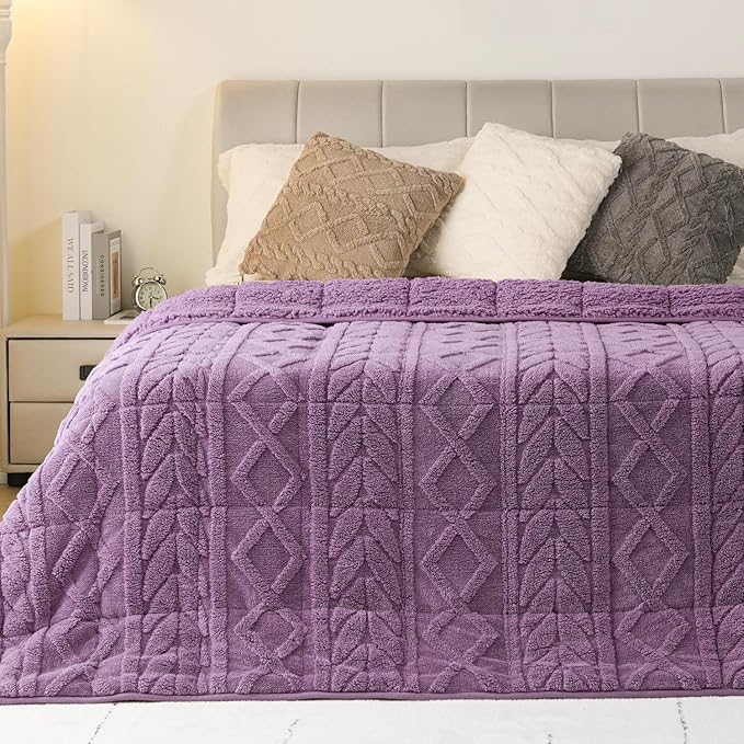 Cottonblue Jacquard Weighted Blanket 20 lbs for Adults Queen Twin Full Size, Fuzzy Sherpa Fleece Weighted Throw Blankets 60x80 in for Relax & Sleep, Cozy Heavy Bed Blankets with Cemaric Beads, Purple