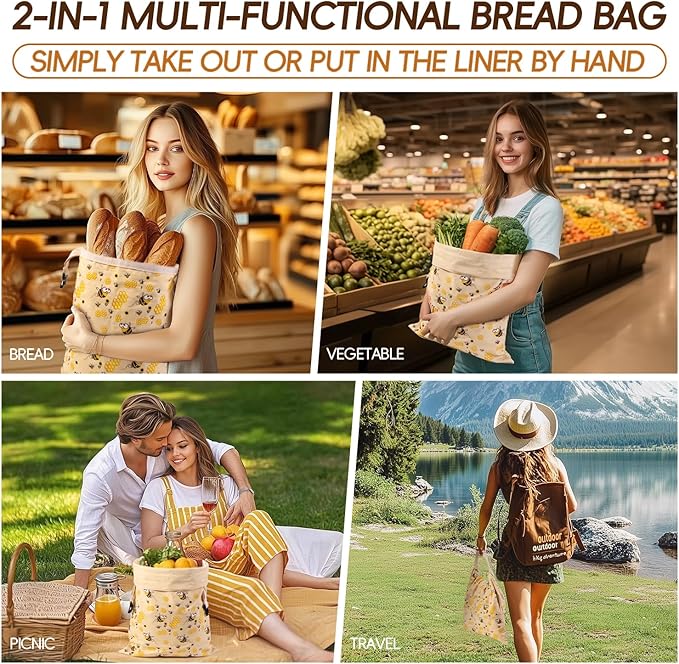 Beeswax Bread Bags for Homemade Bread (2 Pack), Sourdough Bread Bag with Removable Beeswax Lining for Keeping Fresh, Reusable Food Storage Bag