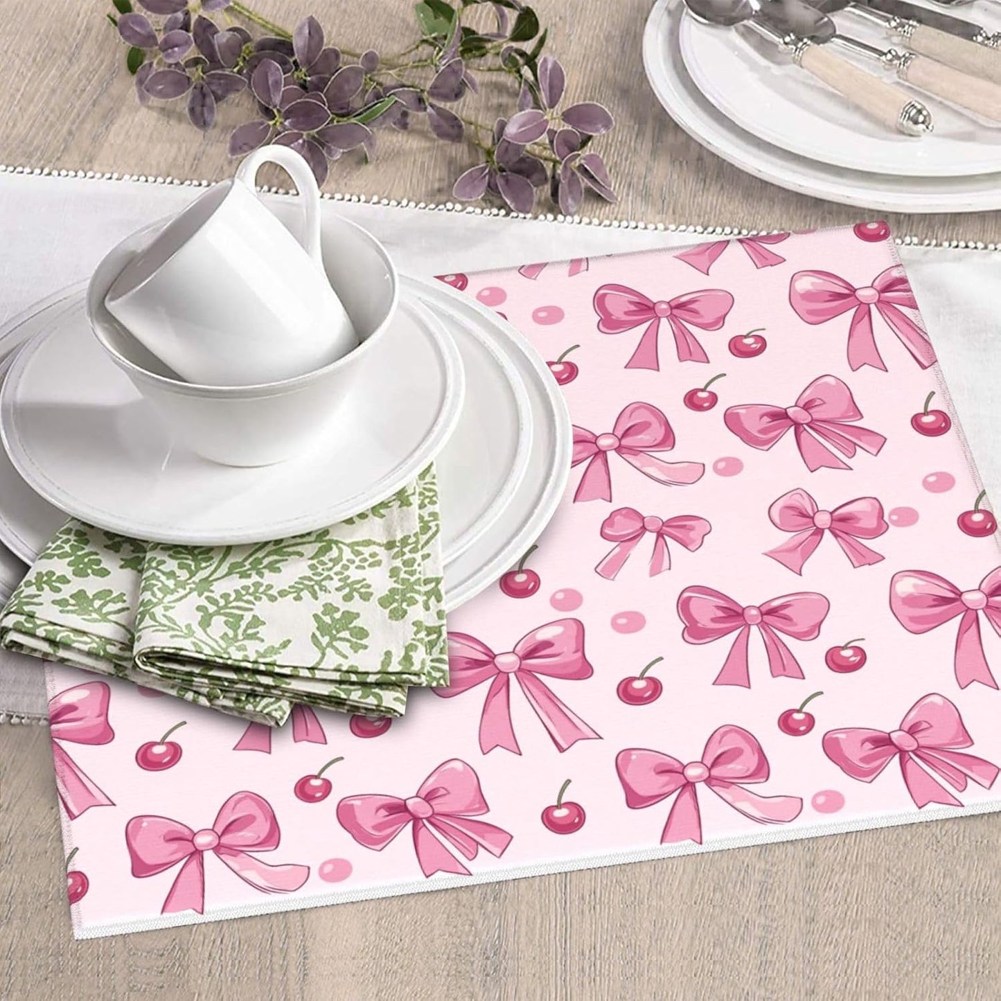 Dish Drying Mat for Kitchen Pink Bow Pattern Cherry Counter Absorbent Dishes Drainer Microfiber Small 16x18 Inch
