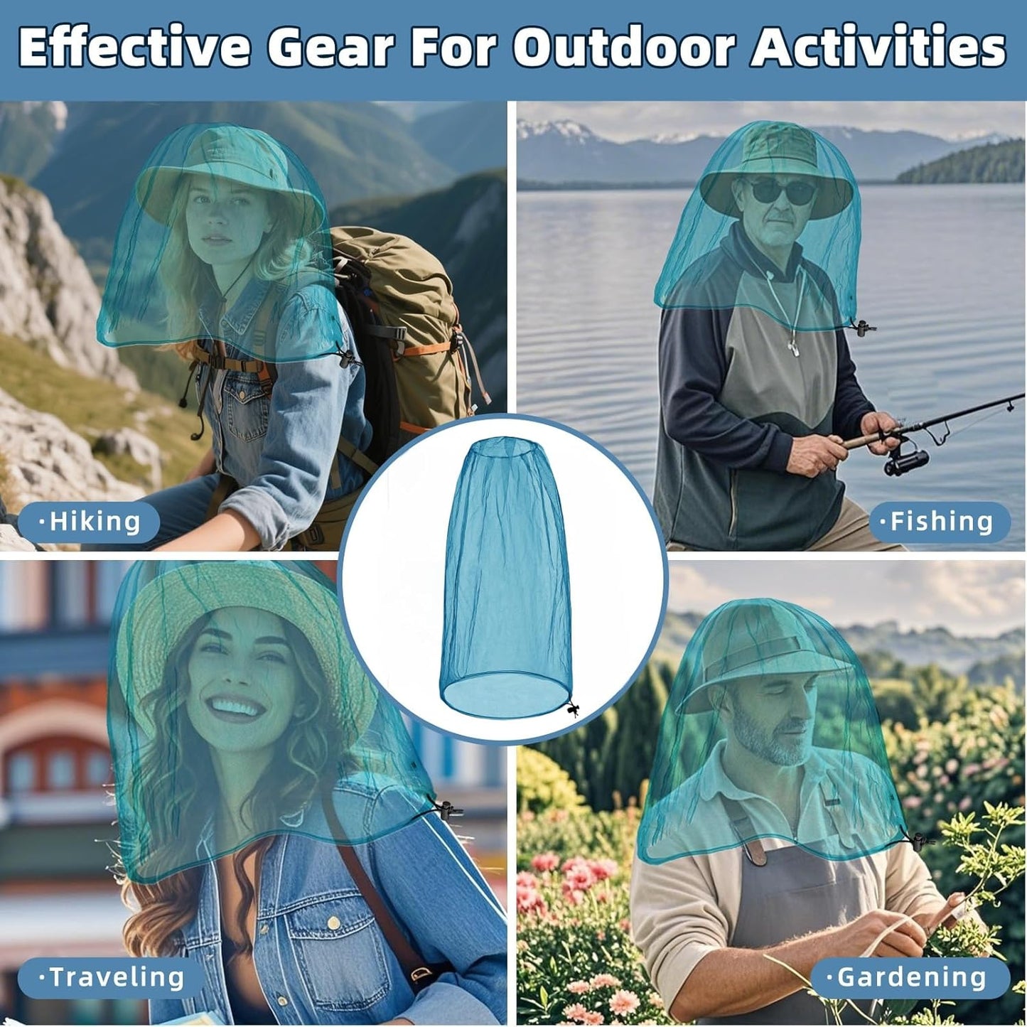 Oversized Mosquito Net 42 x 25 Inches Ultra Large Mosquito Head Net Face Neck Fly Mesh Netting Fits All Hats for Outdoor Camping Hiking Fishing Gardening Safari(Blue)