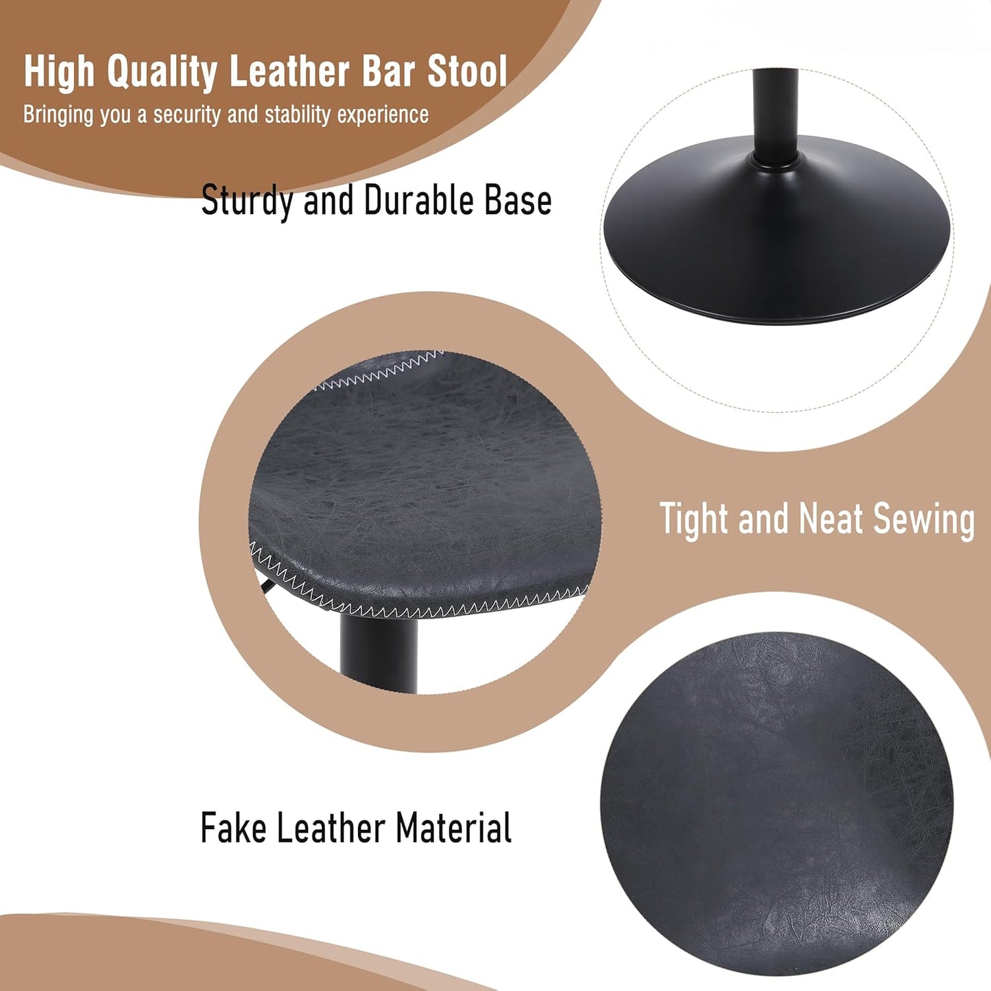 Bar Stools, Swivel Counter Height Barstools with Back, Adjustable Modern Bar Chairs, Tall Armless PU Leather Kitchen Island Stool (Black 02, Set of 3)