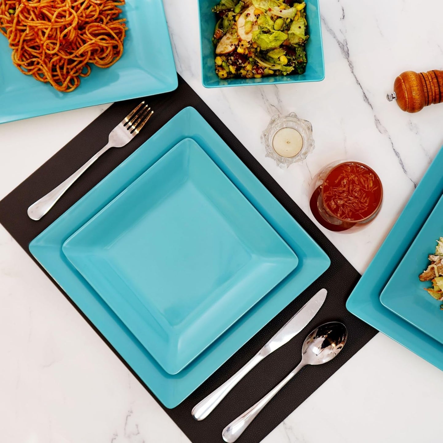 TP 12-Piece Dinnerware Set, Melamine Dishes Set with Bowls and Plates, Non-breakable and Lightweight Square Dinner Set for 4, Teal