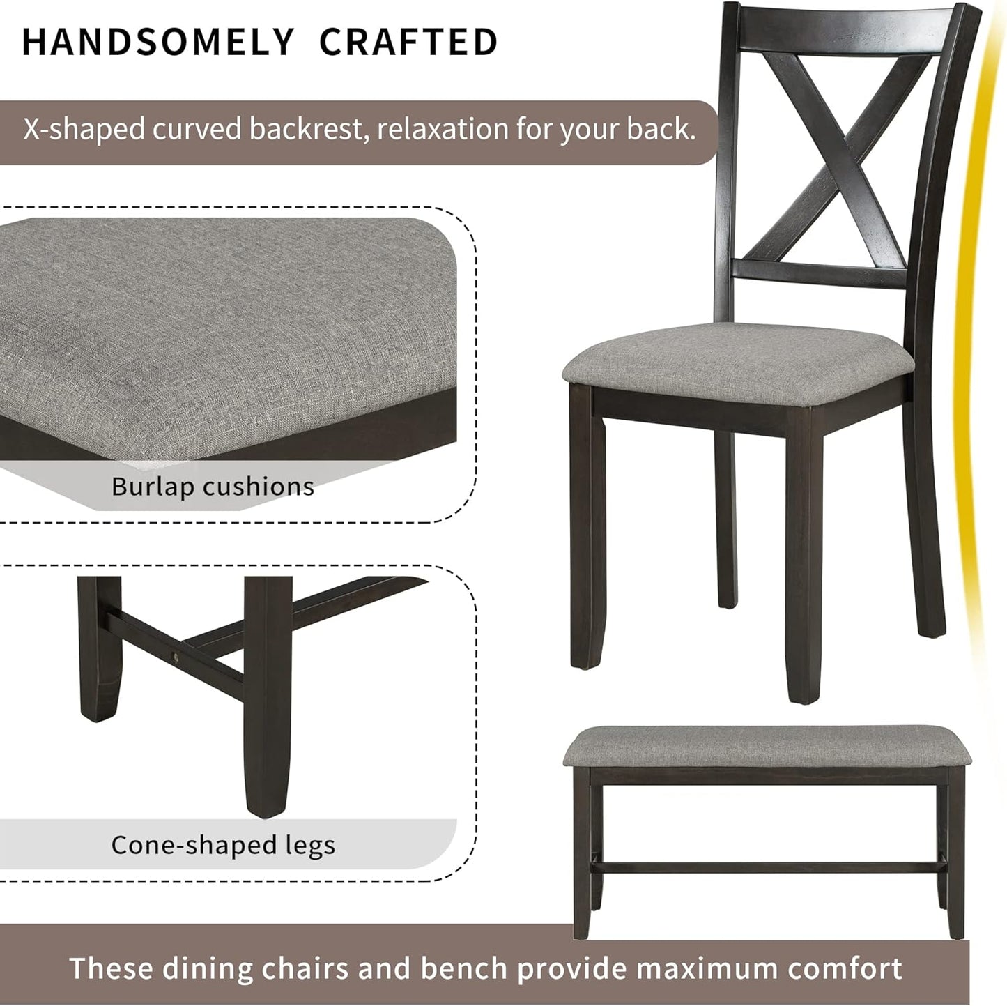 6 Pieces Dining Table Set with 60" Rectangle Kitchen Desk,Living Room Furniture W/ 4 "X-Shaped Curved Backres Fabric Chairs & 1 Bench,for Restaurant,Home Bistro,Espresso