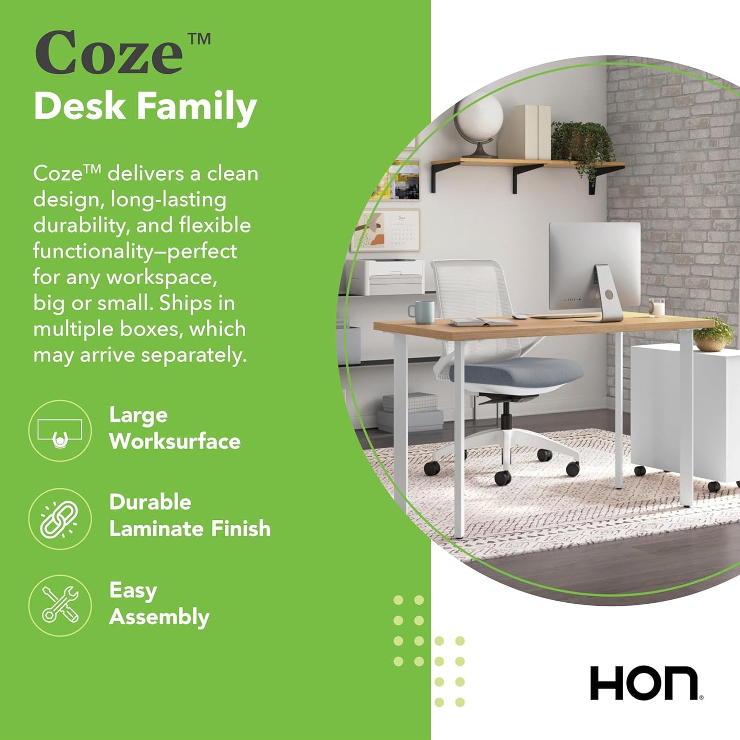 HON Coze Home Office Desks, Sturdy Table Computer Desk, 54", Natural Recon Top, White Base