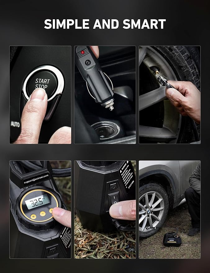 AstroAI Tire Inflator Portable Air Compressor Tire Air Pump for Car Tires - Car Accessories, 9.8Ft Cord 12V DC-Powered Auto Pump with Digital Pressure Gauge, LED Light for Bicycle, Balloons, Yellow