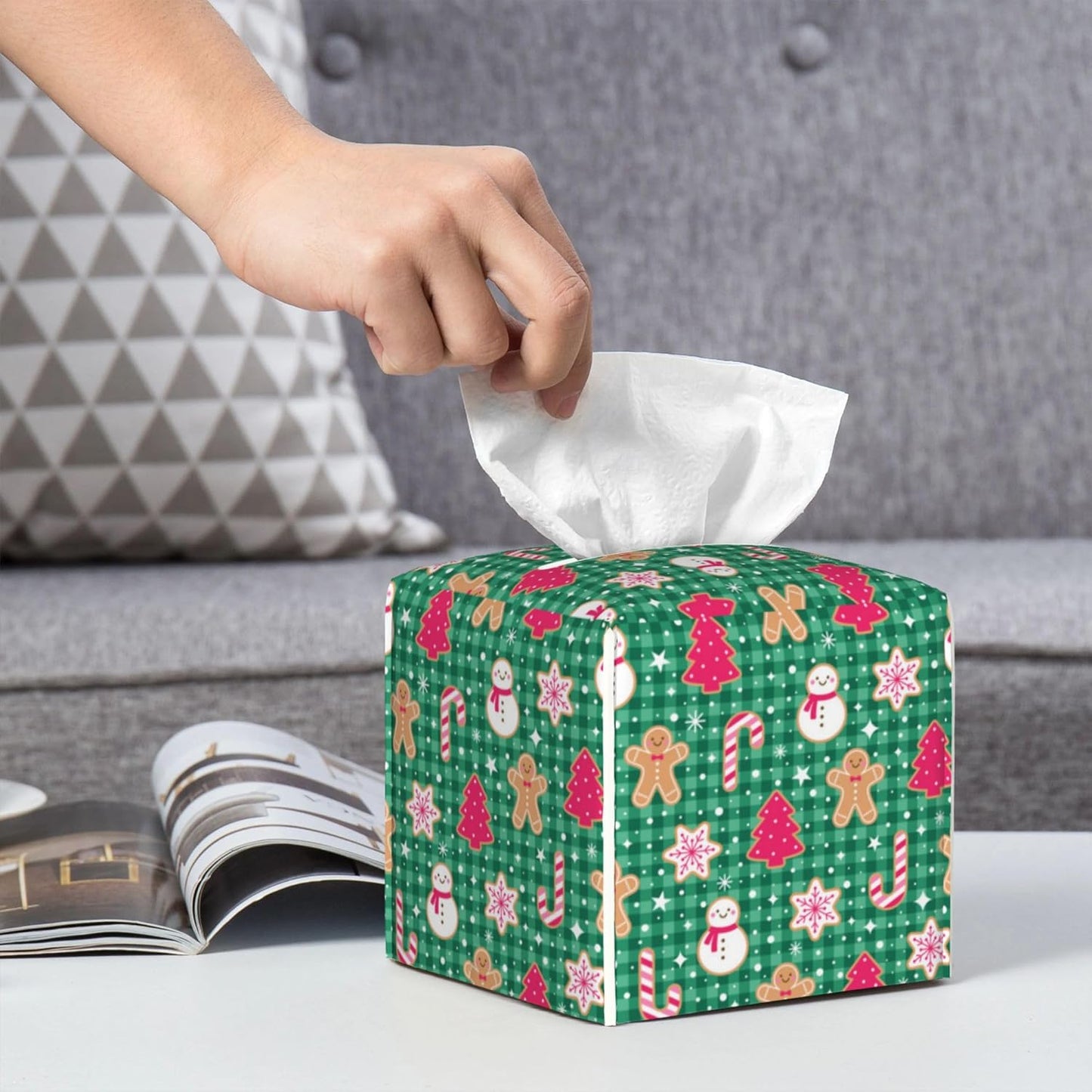 Christmas Gingerbread and Snowman Tissue Box Cover Square,Merry Christmas Snowflakes Candy Canes Tissue Box Holder Waterproof Leather Facial Paper Organizer for Car Bathroom Nightstand Vanity Desk