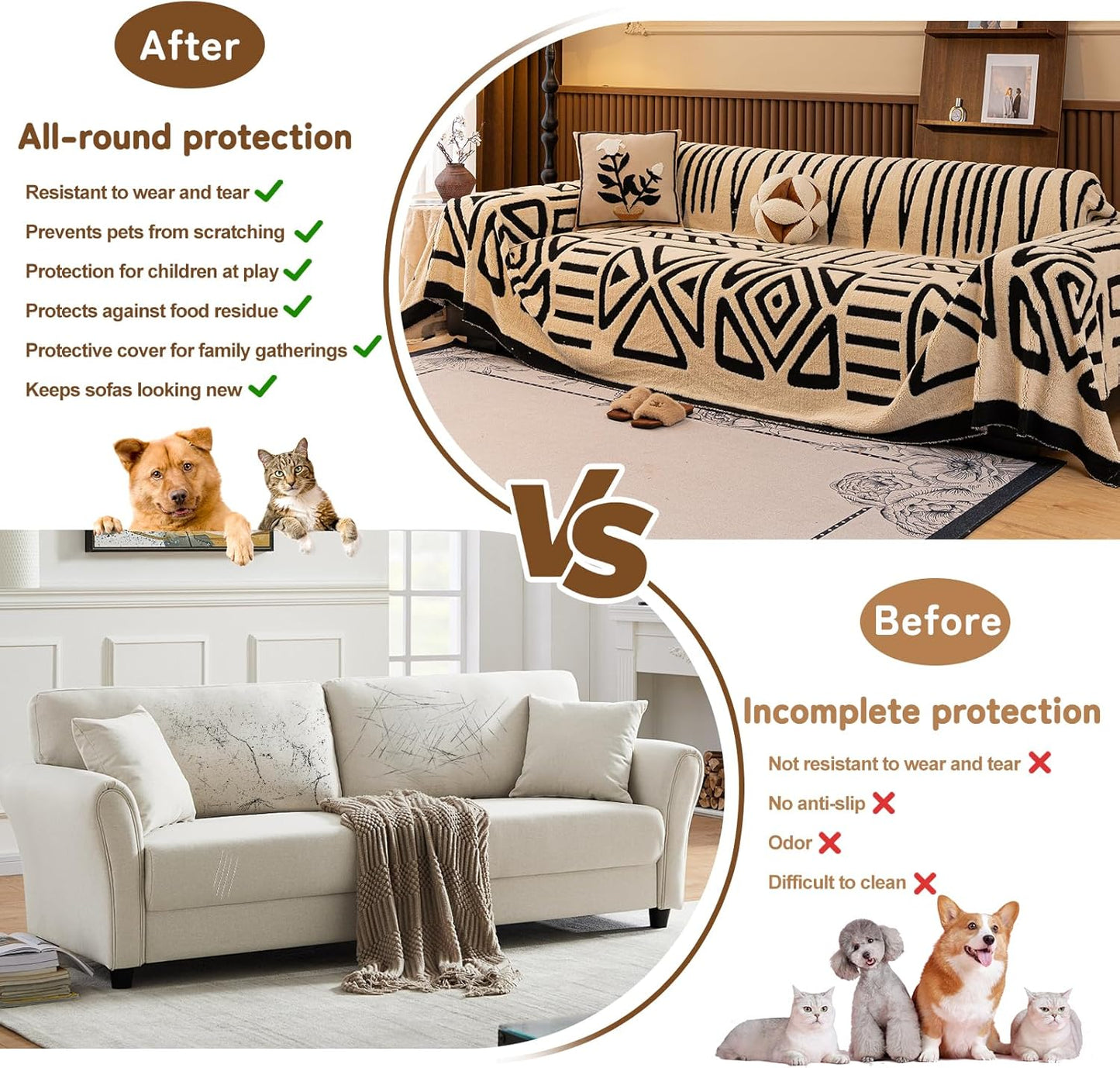 HANDONTIME Boho Sofa Covers for Dogs - Black and White, Beige Velveteen Couch Covers for 3 Cushion Sectional L-Shaped Couch - 71" x 150"