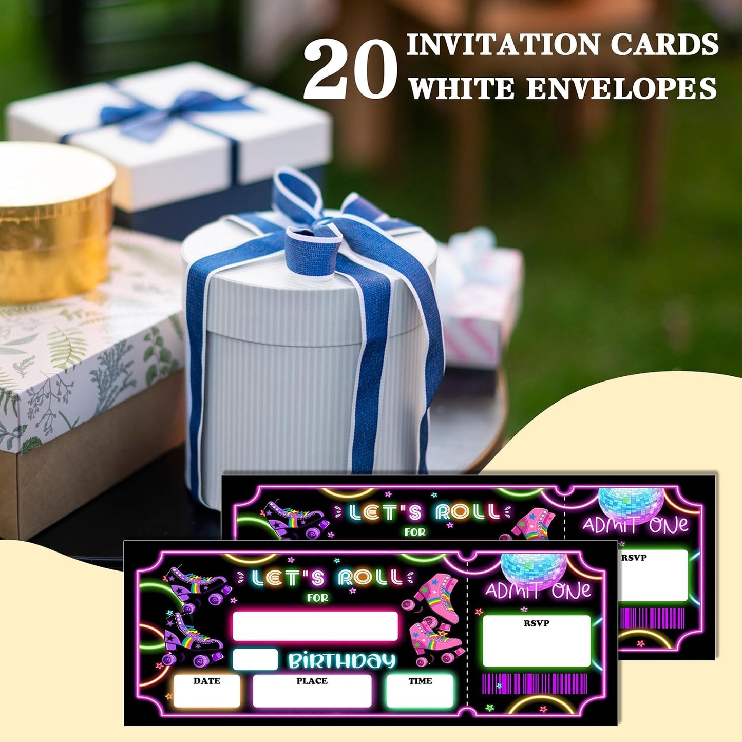 Let's Roll Skate Birthday Invitation with Envelopes-20 Skates Ticket Invite Cards for Skating Lovers Boys-Neon Birthday Cards-Party Favor & Supplies (3×8 inch)-A30