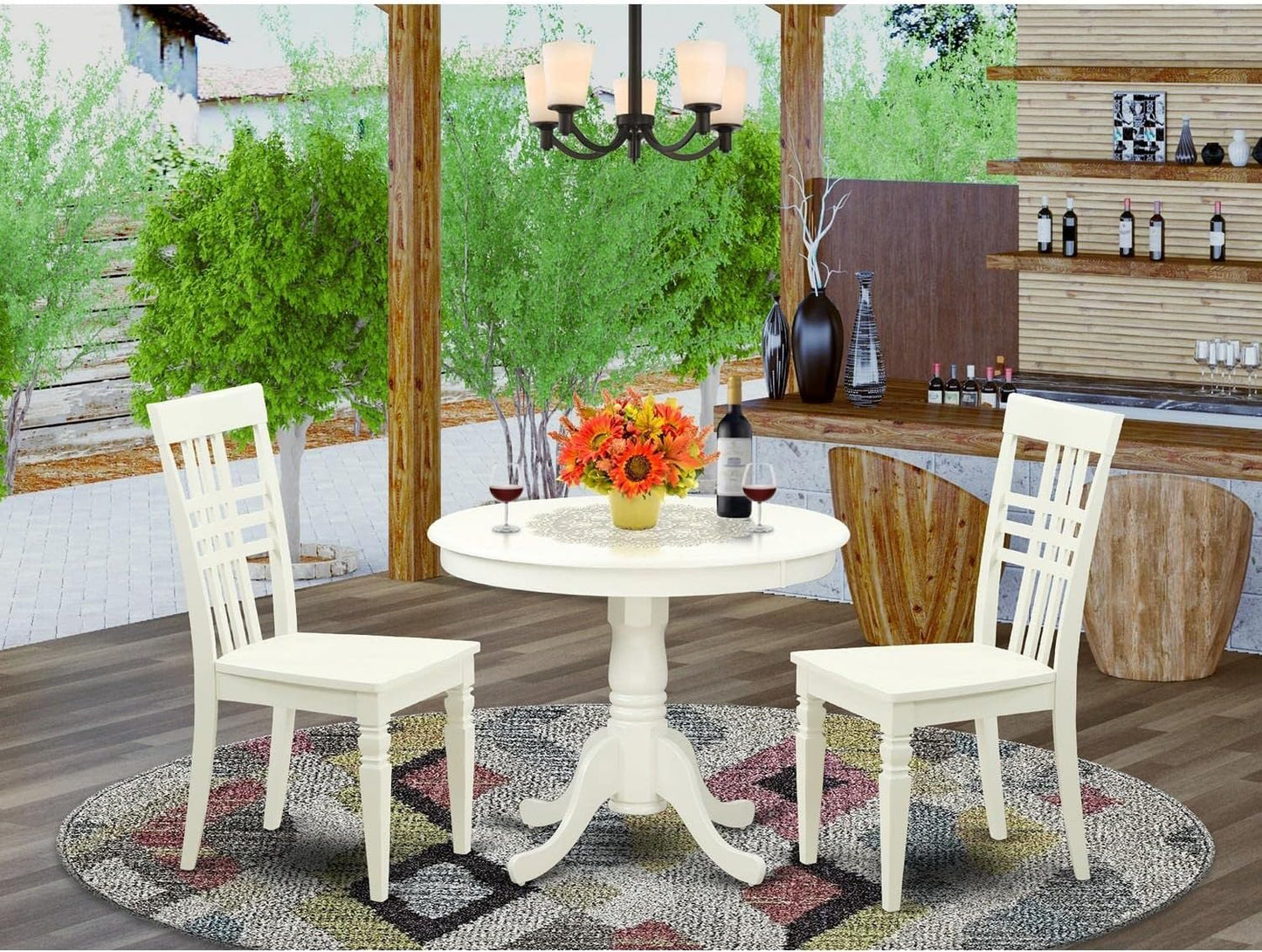 East West Furniture ANLG3-LWH-W 3 Piece Dining Table Set for Small Spaces Contains a Round Kitchen Table with Pedestal and 2 Dining Chairs, 36x36 Inch, Linen White
