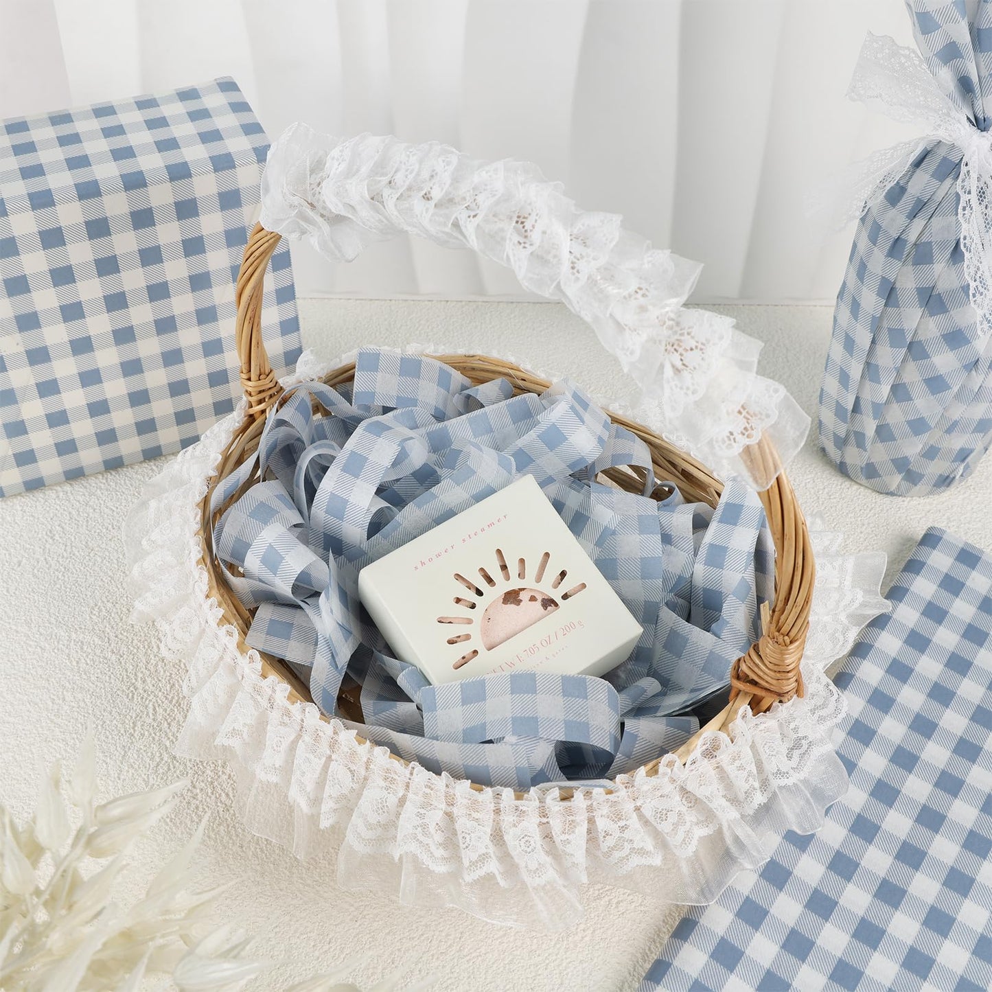 UNIQOOO 120 Sheets Dusty Blue Gingham Tissue Paper, Buffalo Plaid Gift Wrapping Tissue DIY Art Craft Tissue Paper for Wedding Birthday Baby Shower Bouquet Supplies, 20 x 14 Inch
