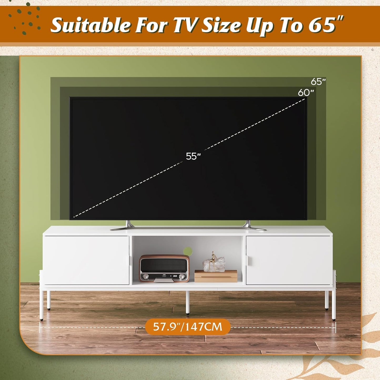 WLIVE Modern TV Stand for 65 Inch TV, Mid Century Entainment Center with Storage Cabinets, TV Console for Bedroom and Living Room, TV Cabinet with Metal Legs, White