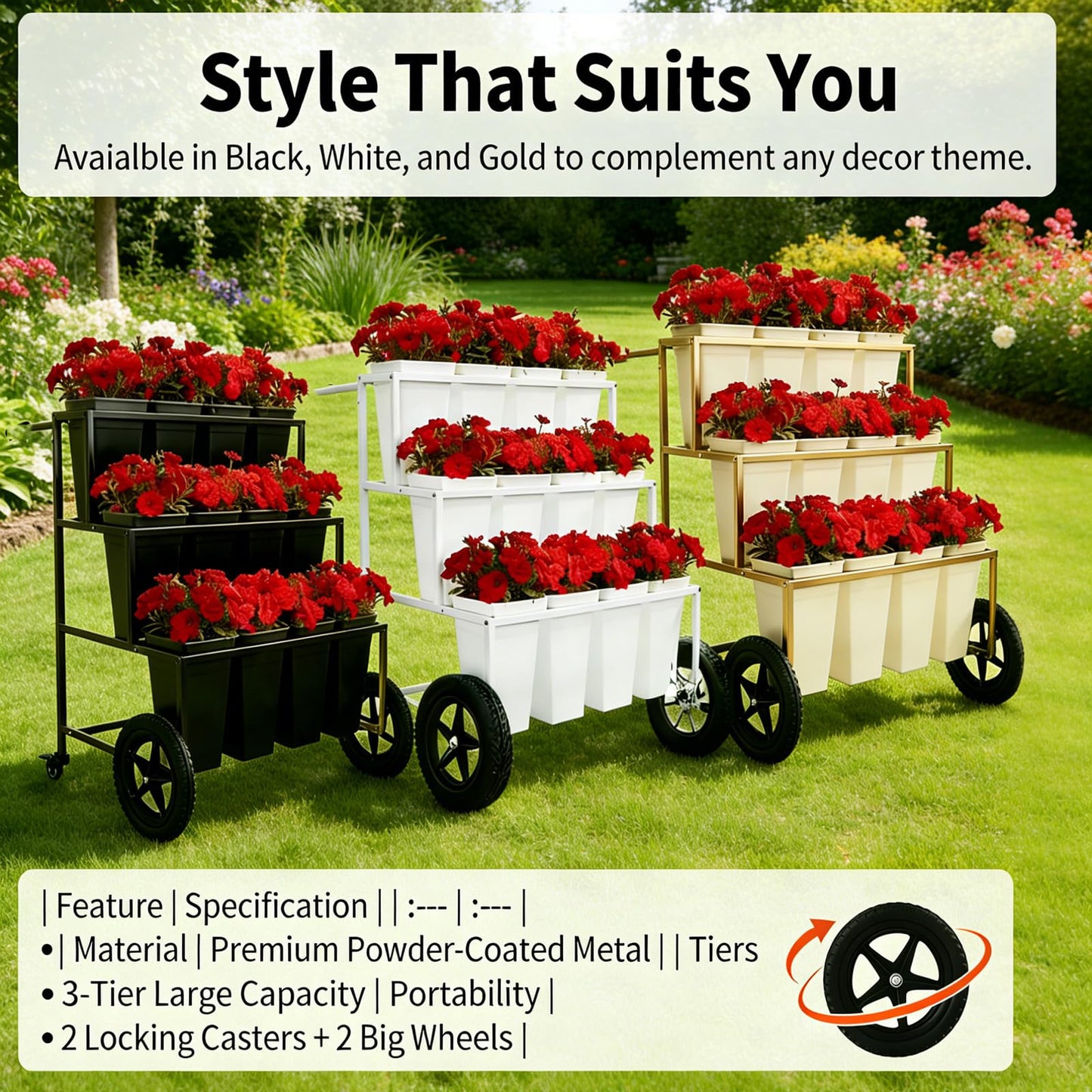 VITNSVILE Mobile Metal Flower Plant Stand, 360° Rolling Flower Display Stand for Indoor Outdoor, Space Saving Flower Bar Stand for Patio, Garden Event White, Black, Gold (White L33.4*W31.4*H*40.5in)