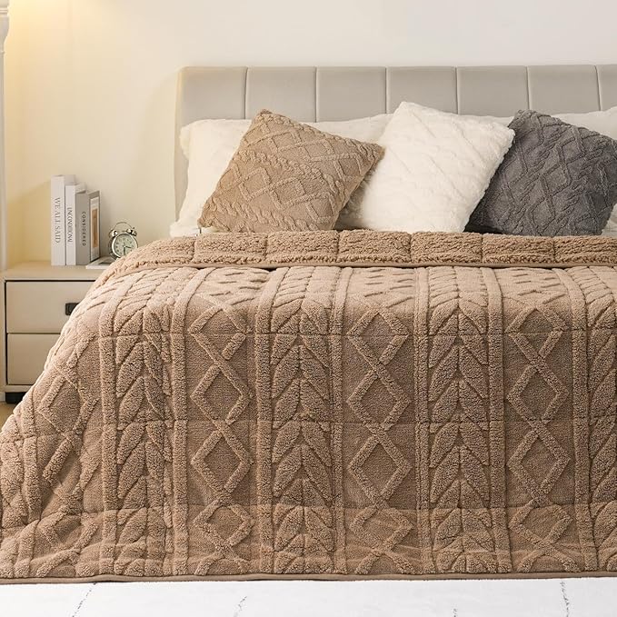 Cottonblue Jacquard Sherpa Weighted Blanket 20lbs for Adults- Soft, Warm, and Thickened Calm Blanket for Ultimate Comfort and Better Sleep, Heavy Weighted Blankets 60x80 Inches, Cream White