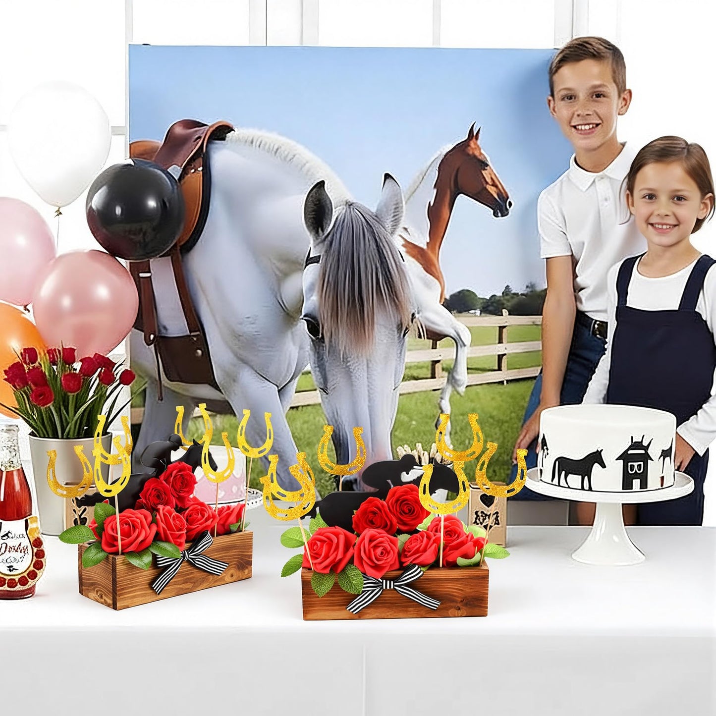 Wenqik 49 Pcs Derby Party Decorations Centerpiece Set Rustic Wooden Planters Box Artificial Red Roses Flowers Bouquet and Horse Racing for Derby Table Birthday Party Supplies