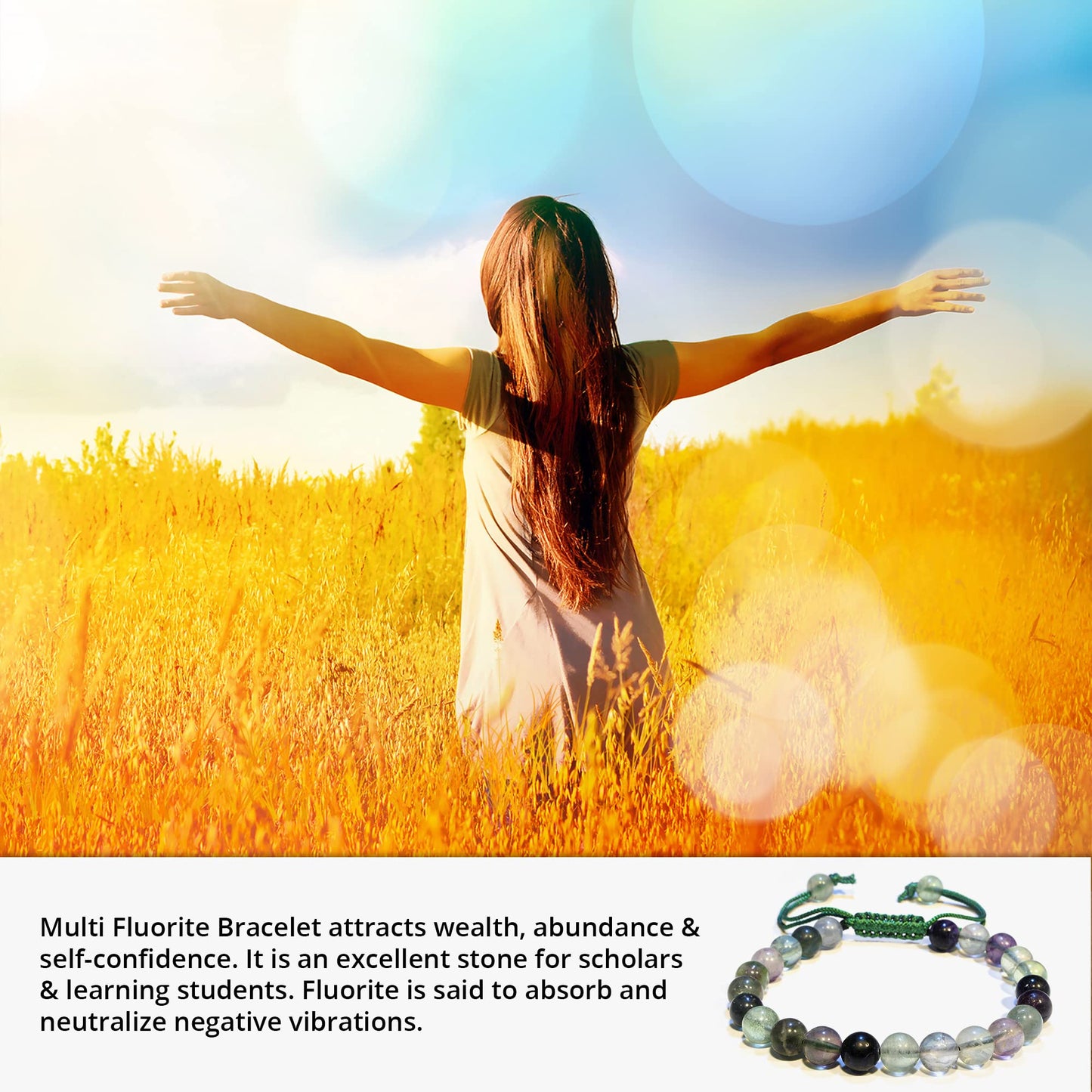ANAYA AGATE Healing Crystal Bracelet – Chic Gemstone Bracelet for Men and Women – 8mm Round Bead Bracelets for Spiritual Healing, Protection, Positive Energy - Multi Fluorite