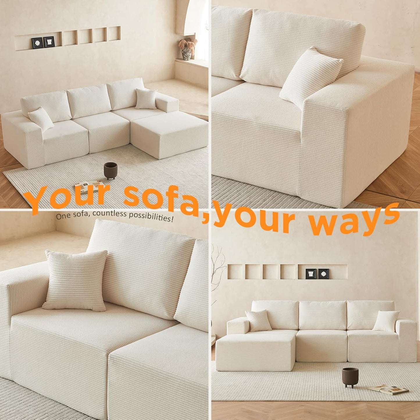 INGEROOM 108" Cloud Sectional Couch, Modular Sectional Sofa with L-Shaped Chaise, Modern Plush Corduroy Couch for Living Room Bedroom, No Assembly Required, Deep Seating(Beige)