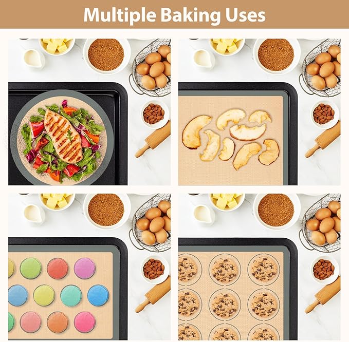 Silicone Baking Mat Set of 6, Nonstick Pastry Mat, Reusable Macaron Silicone Baking Mats & Round Pizza Mat, Cookie Baking Supplies for Macaroons, Pizza