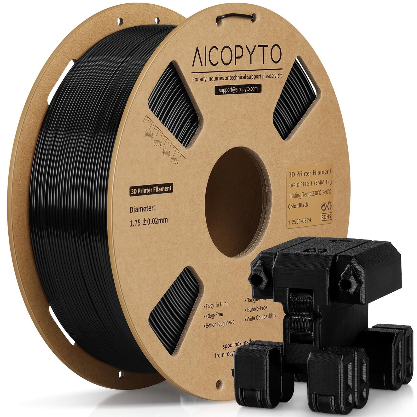 AICOPYTO PETG Filament 1.75mm Black, High Speed 30-600mm/s 3D Printer Filament Rapid PETG Dimensional Accuracy +/- 0.02mm, 1kg C