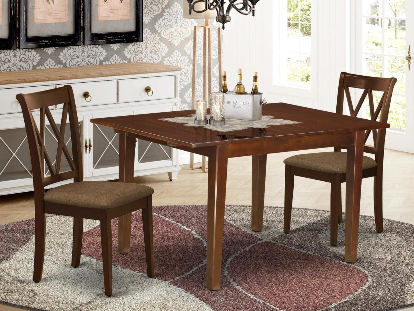 East West Furniture MLCL3-MAH-C 3 Piece Dining Room Furniture Set Contains a Rectangle Wooden Table with Butterfly Leaf and 2 Linen Fabric Kitchen Dining Chairs, 36x54 Inch, Mahogany