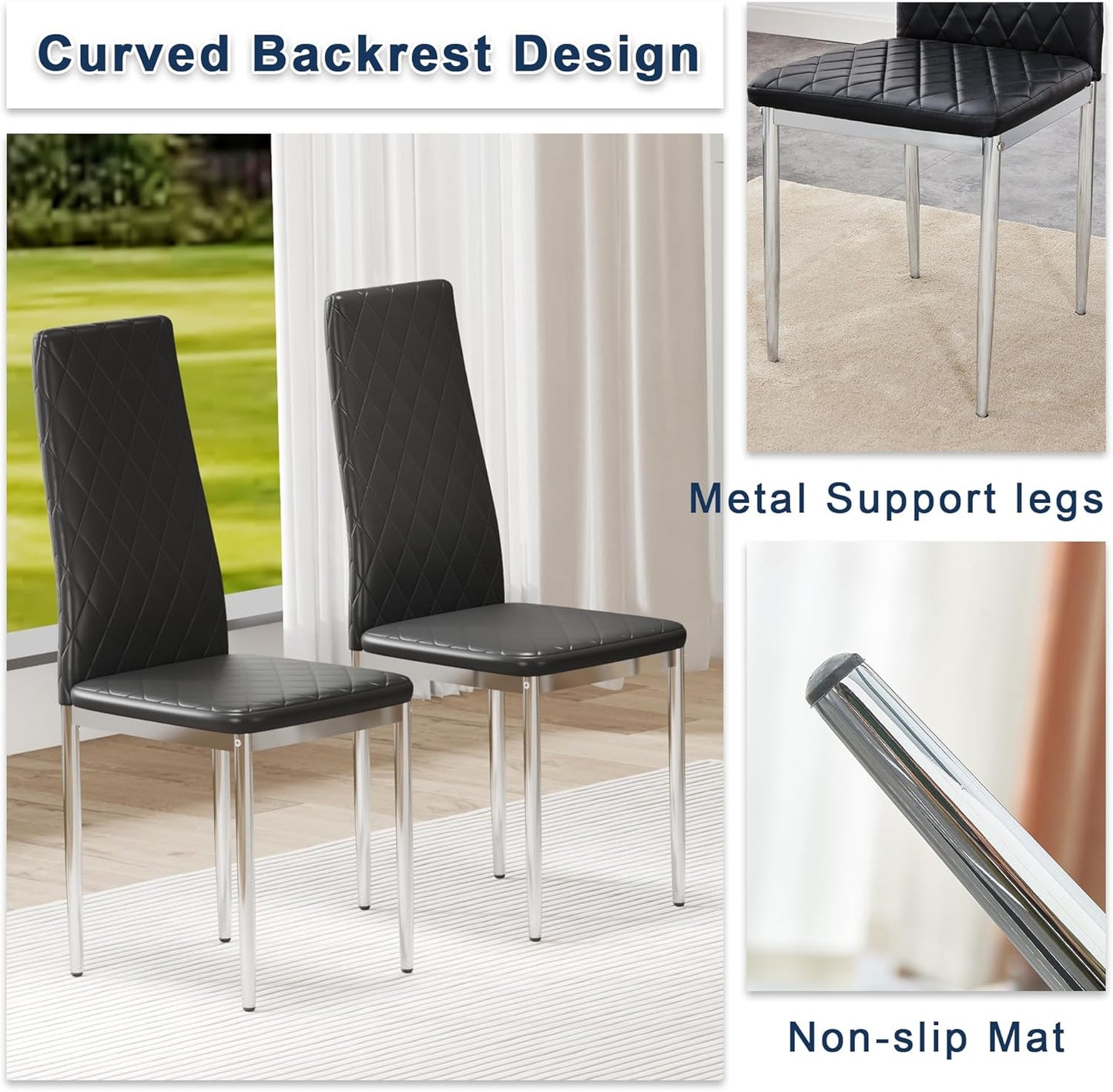 JT Modern Minimalist Dining Chair Fireproof Leather Sprayed Metal Pipe Diamond Grid Pattern Restaurant Home Conference Chair Set of 4 Or 6 (8, Grey)