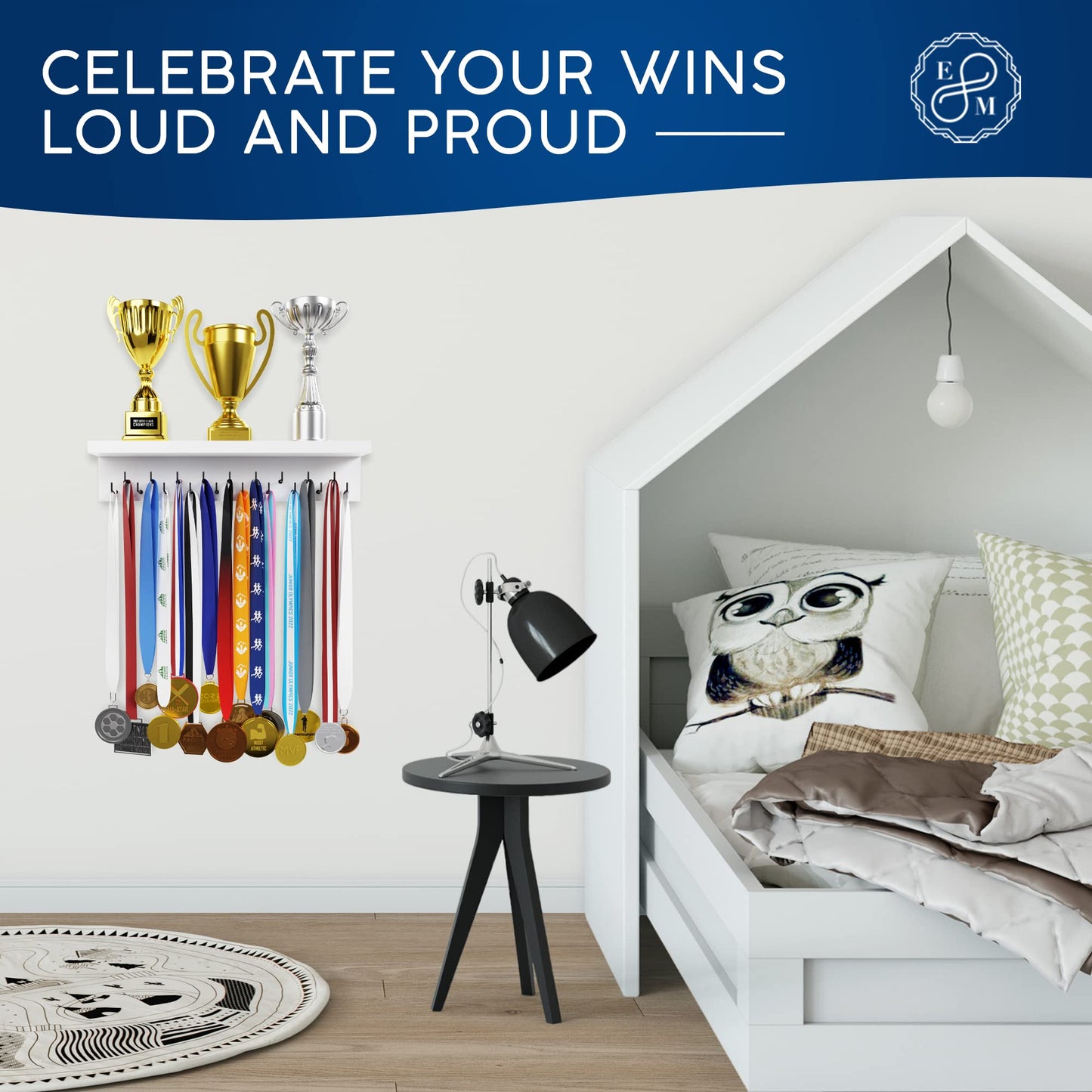 EVERMORE Medal Hanger Display and Trophy Shelf with Hooks - Wooden Medal Holder for Wall Mount Ribbon Display, Trophy Display Shelf for Gymnastics, Soccer, Running Race Medals Awards Rack