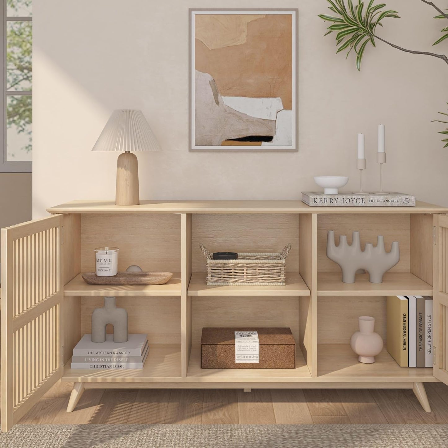 Plank+Beam Mid-Century Modern Wood TV Stand, Solid Wood Entertainment Console with Storage, 59" L x 16" W x 30" H, Blonde
