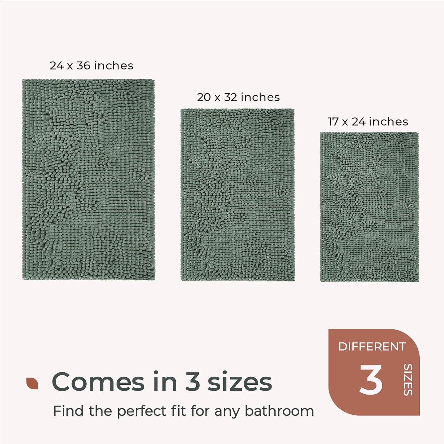 FRESHMINT Chenille Bathroom Rugs Mat 24"x17", Non-Slip Bath Mat for Bathroom Floor & Bathtub, Washable Soft Shower Shag Bath Rugs, Fluffy Thick Water Absorbent Microfiber Shower Mat, Sage Green