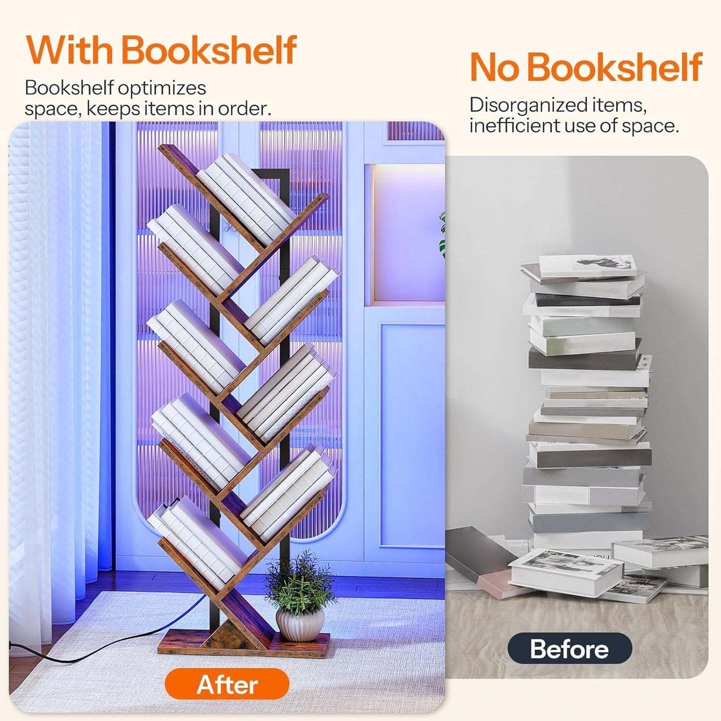 HOOBRO Tree Bookshelf, 9-Tier Tree Bookshelf with Lights, Space-Saving Book Shelf, Holds Books, CDs, Floor Standing Bookcase for Office, Living Room, Bedroom, Rustic Brown and Black BF08DSJ01