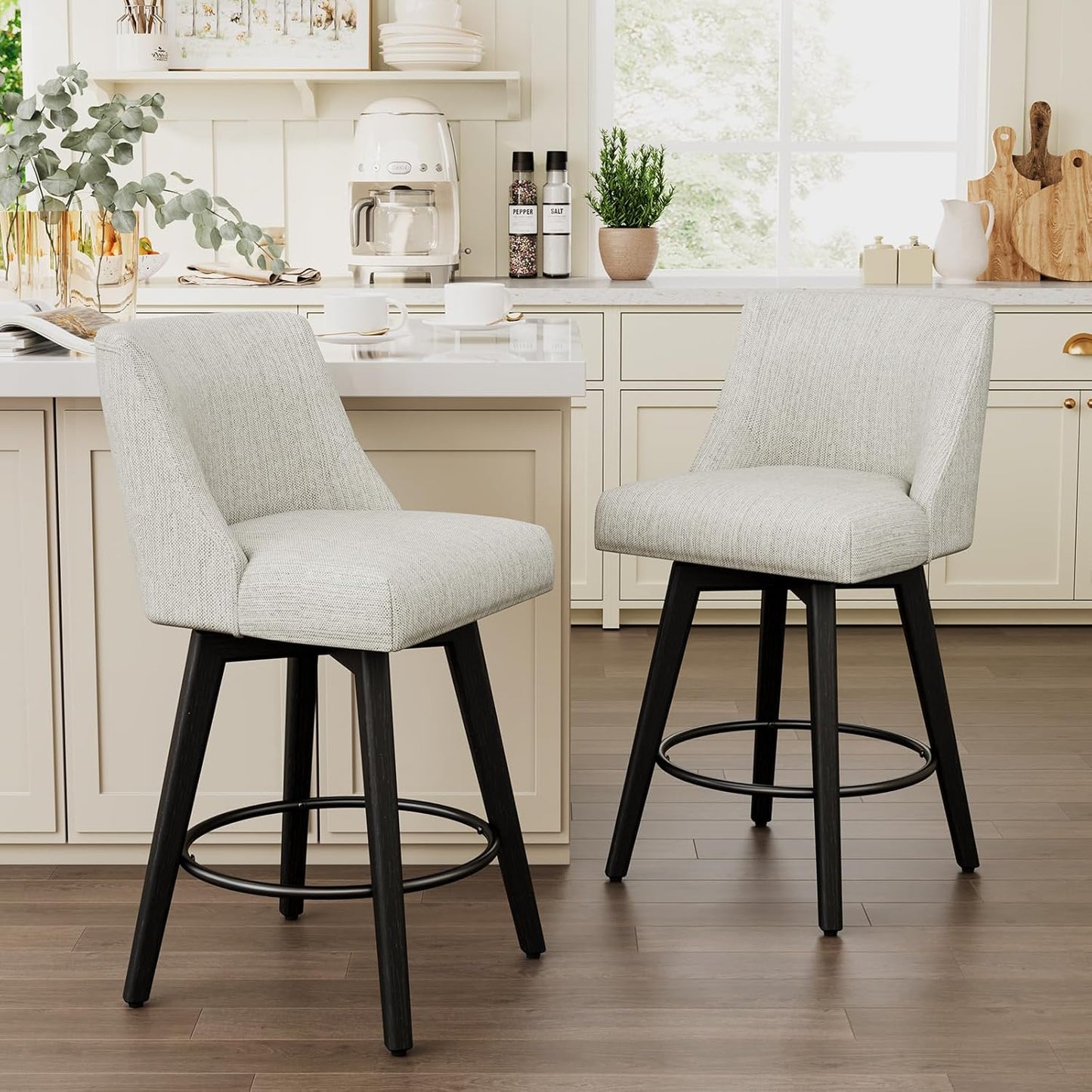 Vipbear Swivel Counter Height Bar Stools Set of 3,26.8" H Counter Stools with Back, Mid Century Modern Bar Stools for Kitchen Island,Linen Fabric,Wooden Base, White