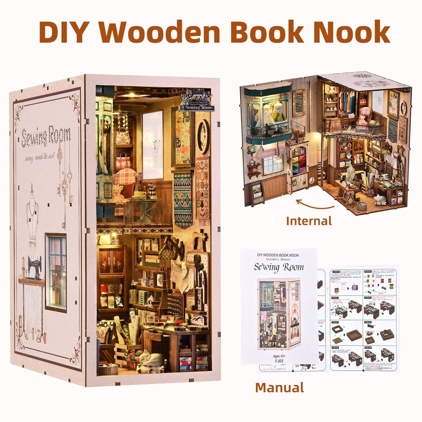 fifijoy Book Nook Kit - Sewing Room DIY Miniature House Dollhouse Kit for Adults and Teens, Booknook Tiny House Bookshelf Decor 3D Wooden Puzzle, Gifts for Family and Friends