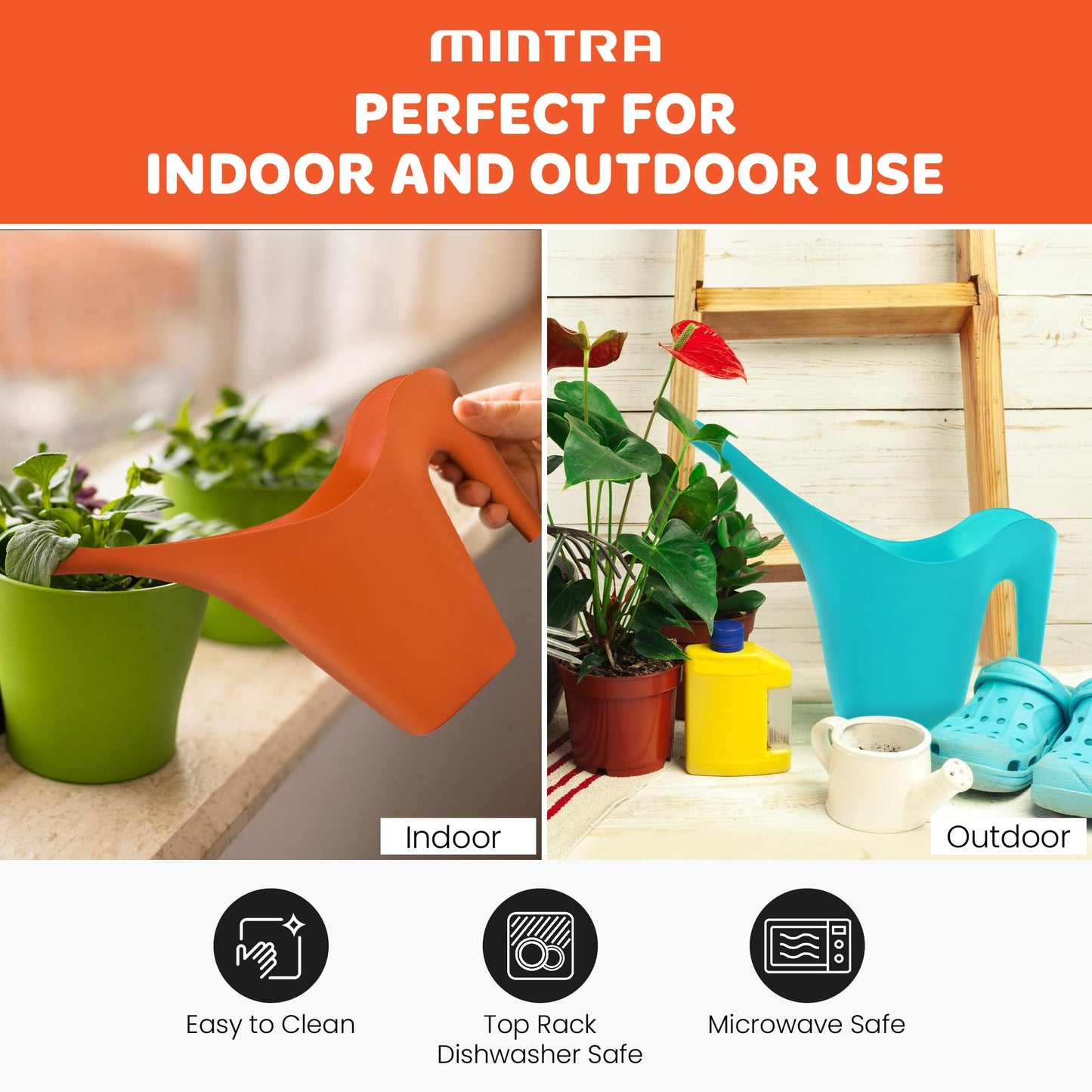 Mintra 1/2 Gallon Plant Watering Can, Indoor Outdoor Water Can for Plants, Long Spout Plastic Water Pitcher for Watering Flower Succulent, Durable and Lightweight, 2L/68 oz, 1 Pack, Orange