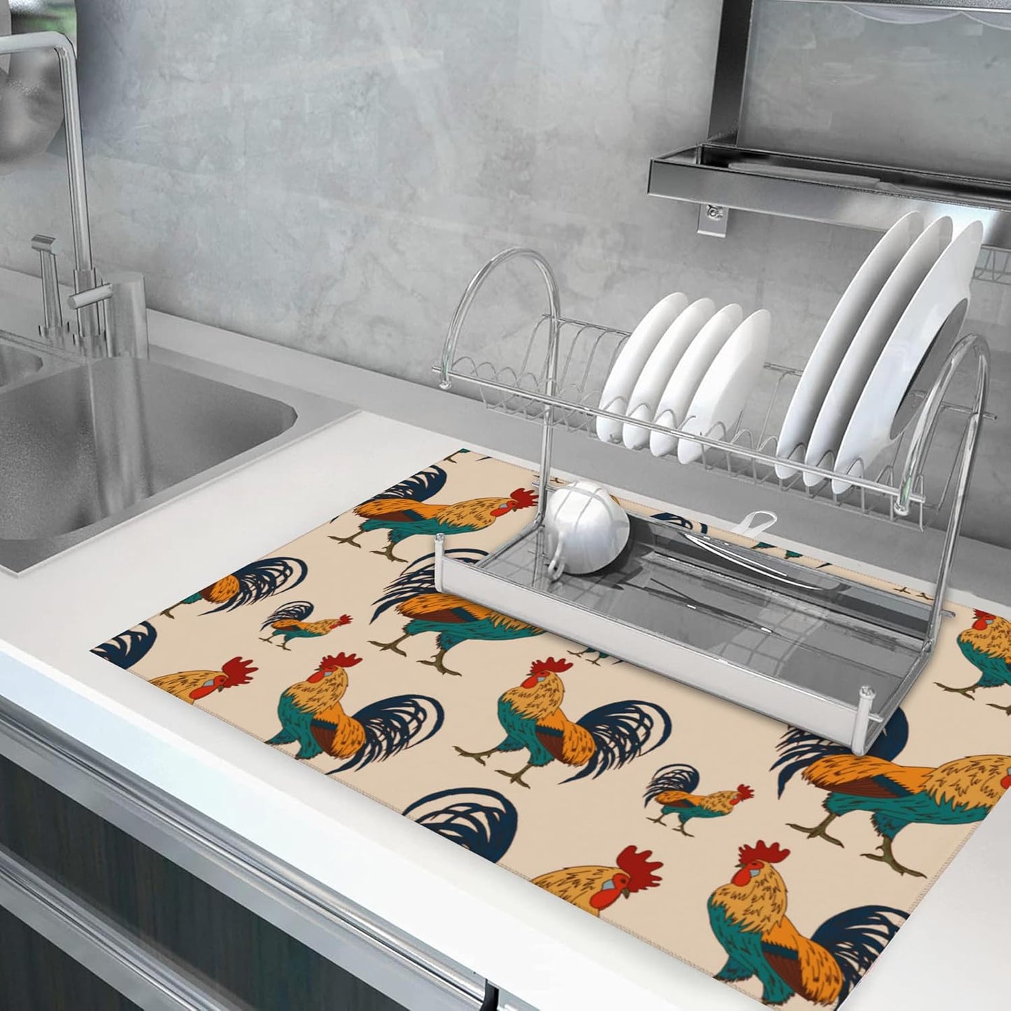 Large Dish Drying Mat for Kitchen Counter,18"X24" Beautiful Rooster Cock Super Absorbent Reversible Microfiber Dish Drying Mat Dish Drainer Mat,Dishes Mat Drying Pad for Kitchen Countertop Coffee Bar