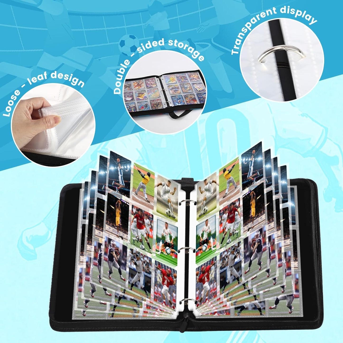 900 Pockets Soccer Card Binder for Soccer Trading Cards Collectors, Portable Waterproof Card Storage Bag with Removable Sleeves, Compatible with Soccer, Football,Sports Game and TCG Cards