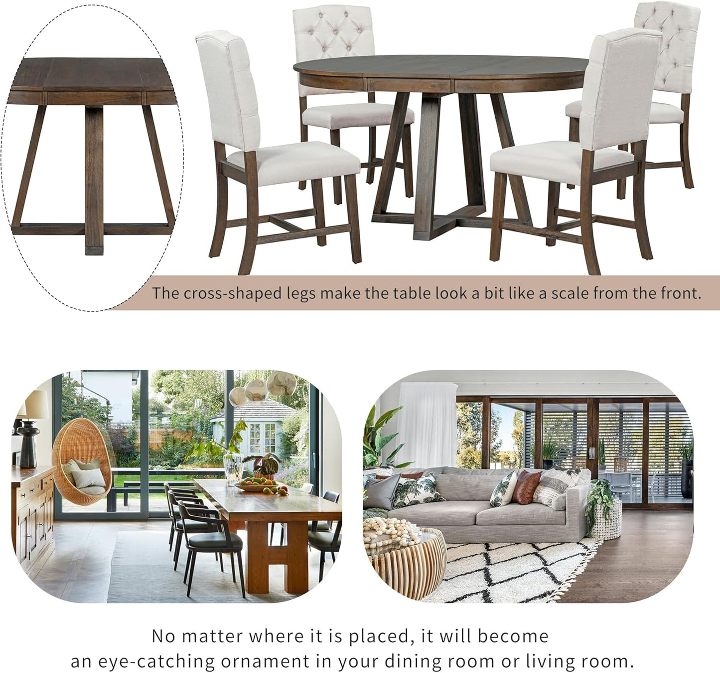 5 Pieces Dining Table Set with 42" Table,Living Room Furniture W/ 4 Upholstered Chairs,Tabletop Can be Adjusted from Round to Oval in Shape,for Restaurant,Home Bistro,Walnut